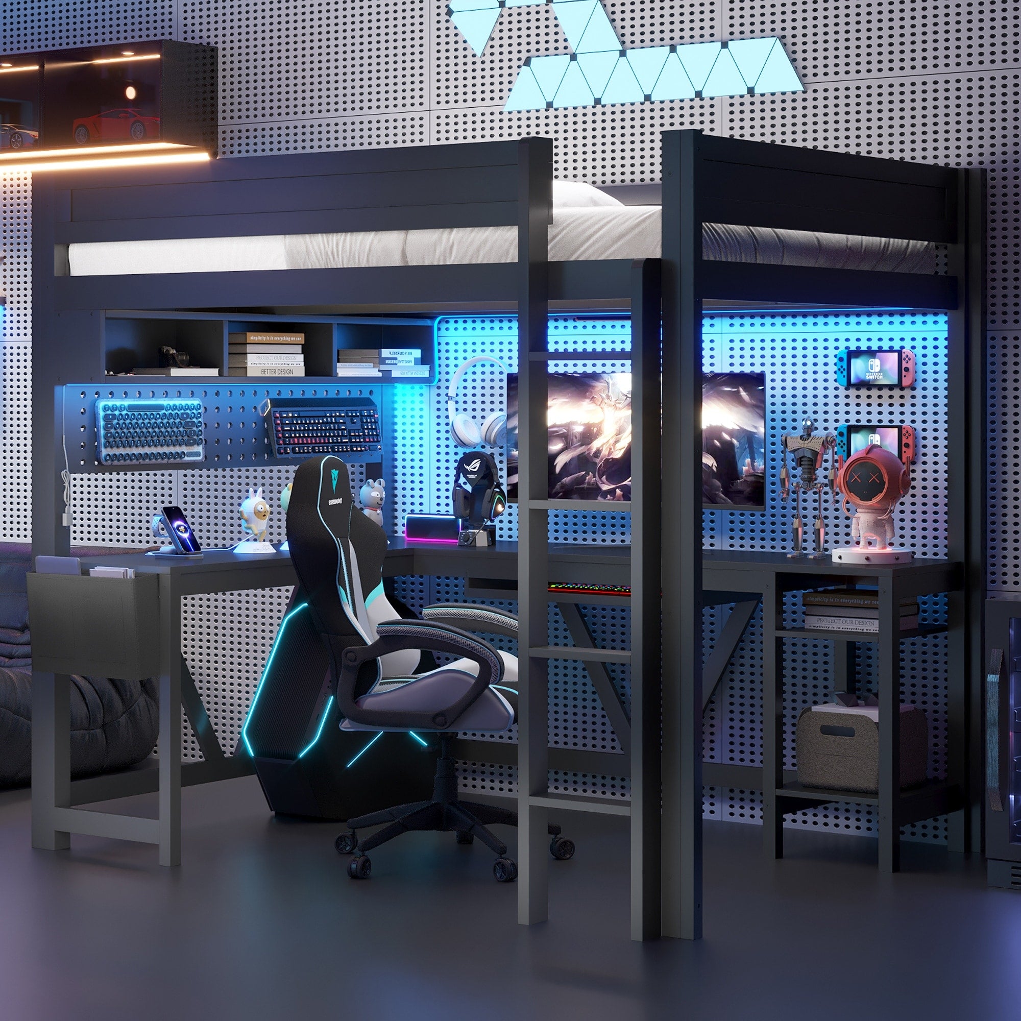 Full Size Gaming Loft Bed With Desk Led Lights And Charging Station