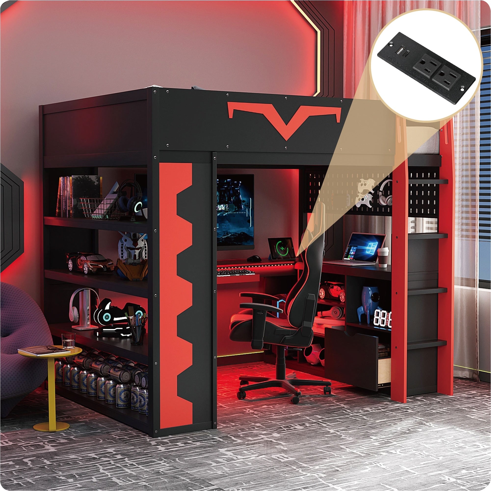 Full Size Gaming Loft Bed With Rgb Led Desk Bookshelf Storage