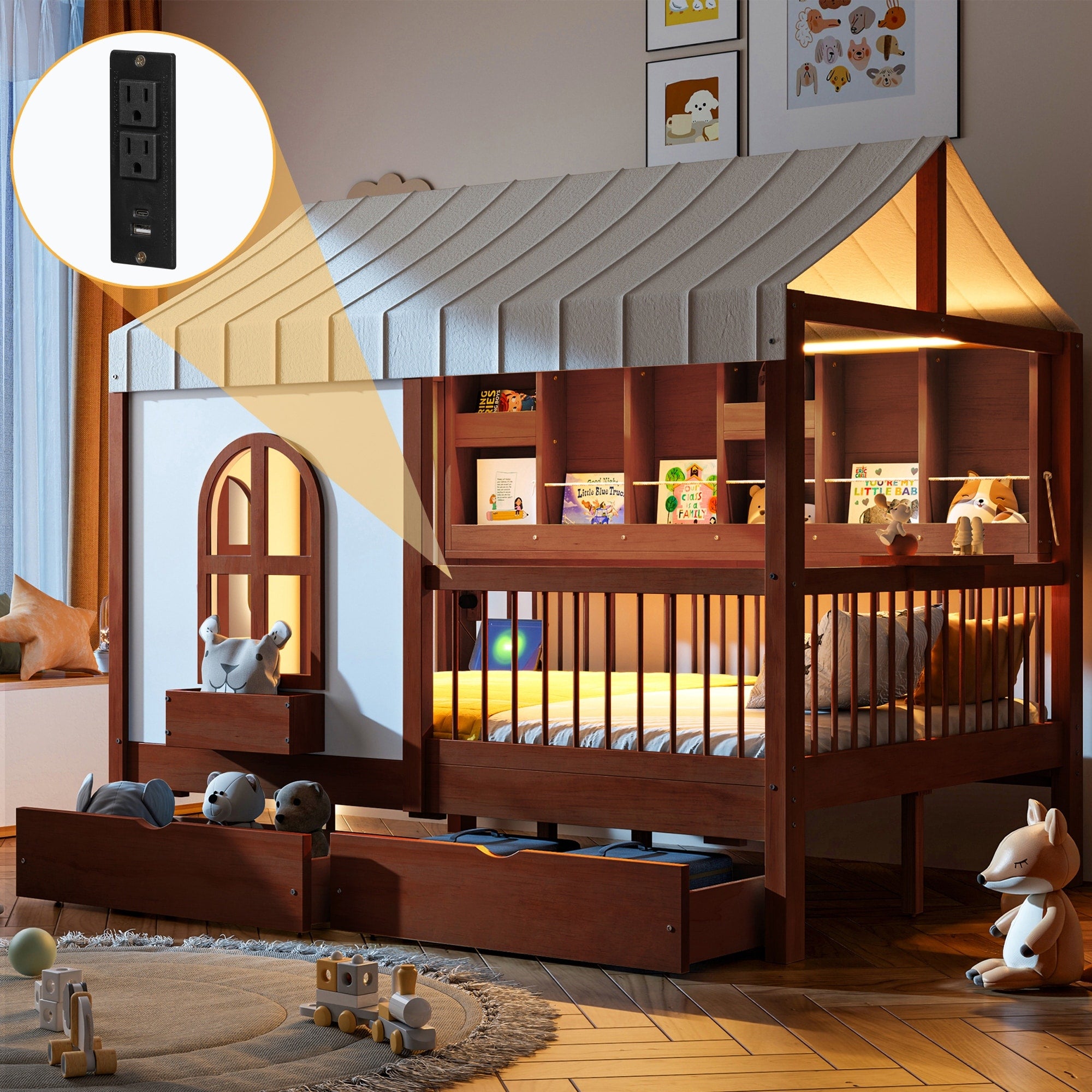 Full Size House Bed With 2 Large Drawers And Side Bookshelf