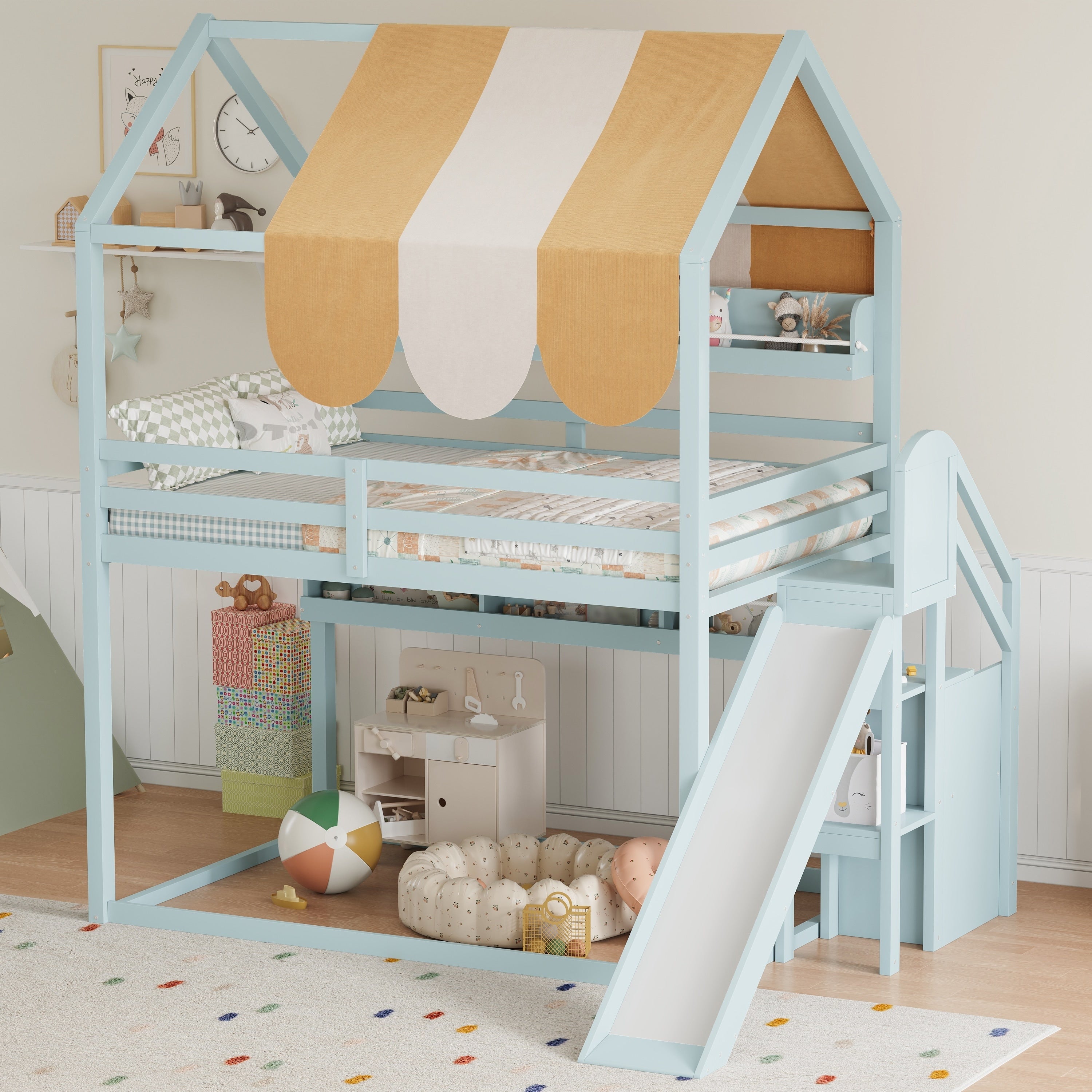 Full Size House Bed With Canopy Slide Built In Bookshelves Playhouse Bed Frame For Kids