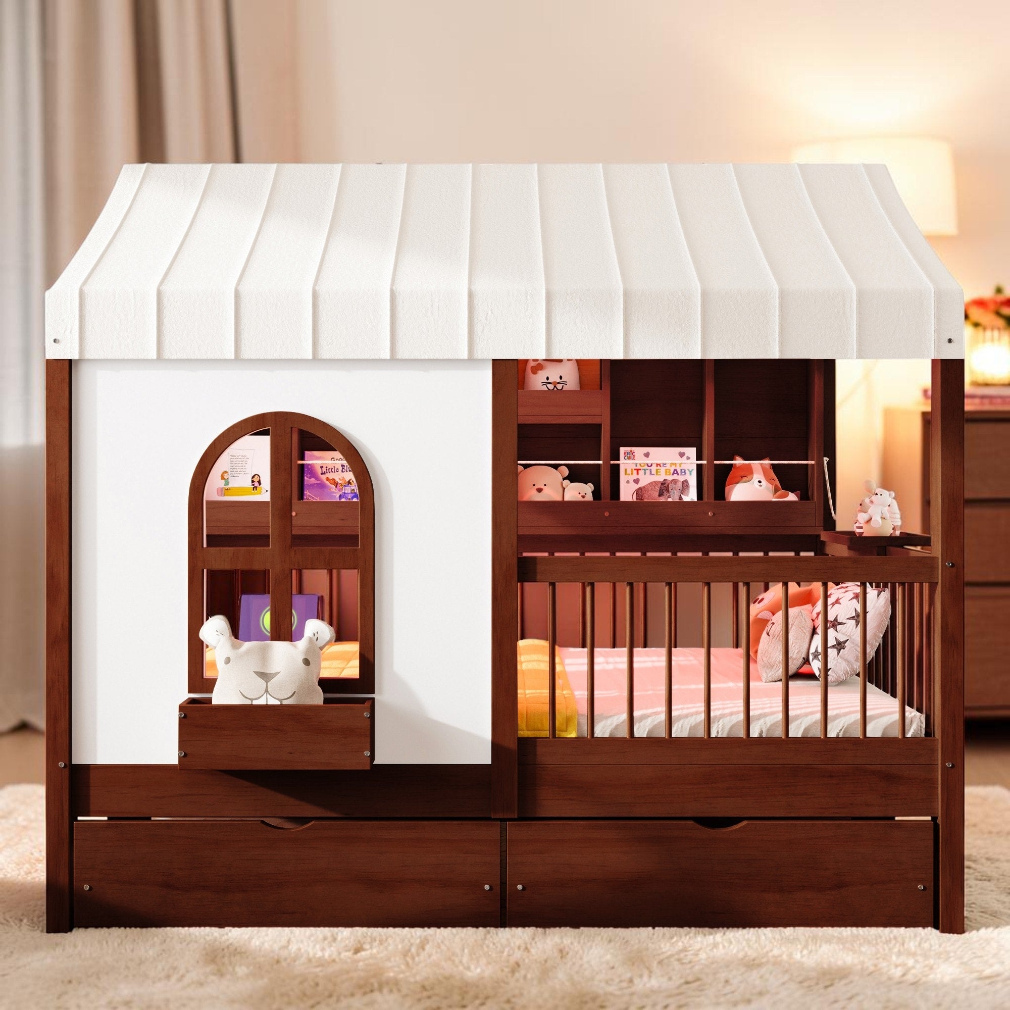Full Size House Bed With Drawers Bookshelf And Led Lights Wood Platform Bed With Charging Station