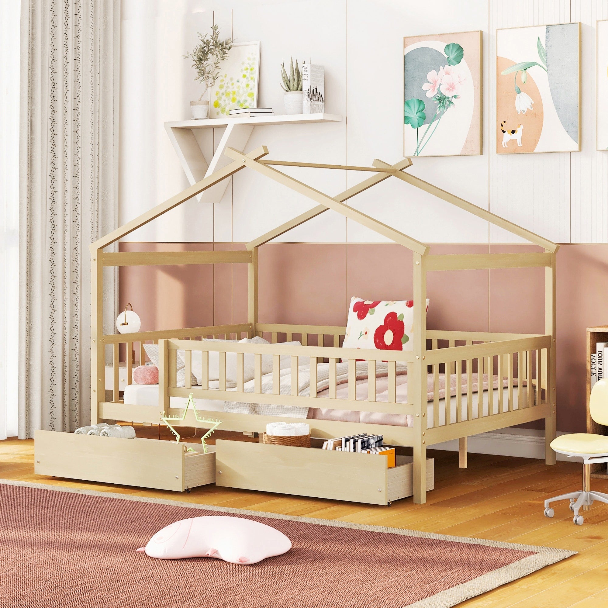 Full Size House Bed With Roof Design 2 Storage Drawers For Kids