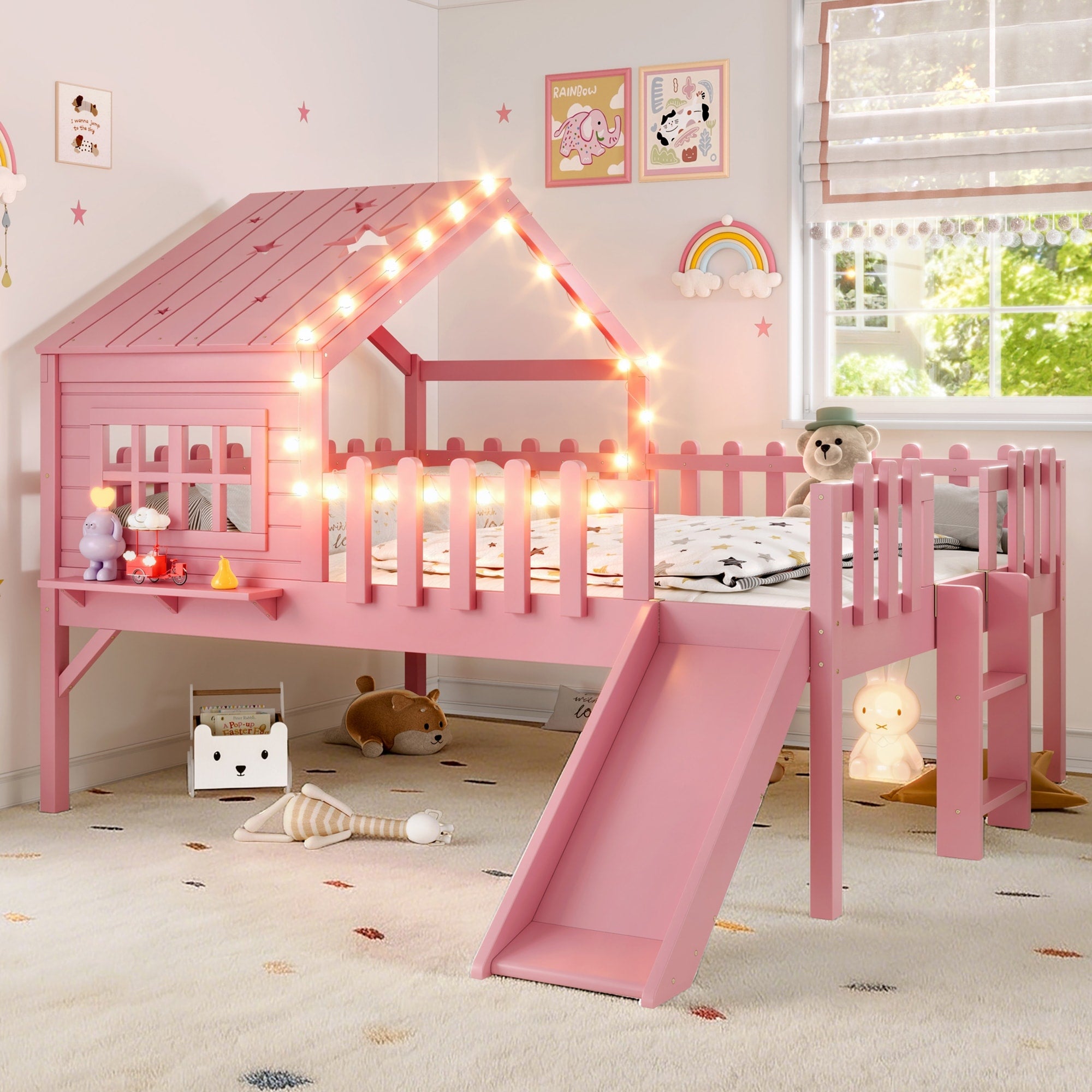 Full Size House Loft Bed With Slide Playhouse Bed With Star Moon Shaped Designs And Window Chic Design With Led Lights