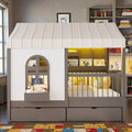 Full Size Kids House Bed With 2 Storage Drawers Side Bookshelf With Led Strip Guardrails And Charging Station