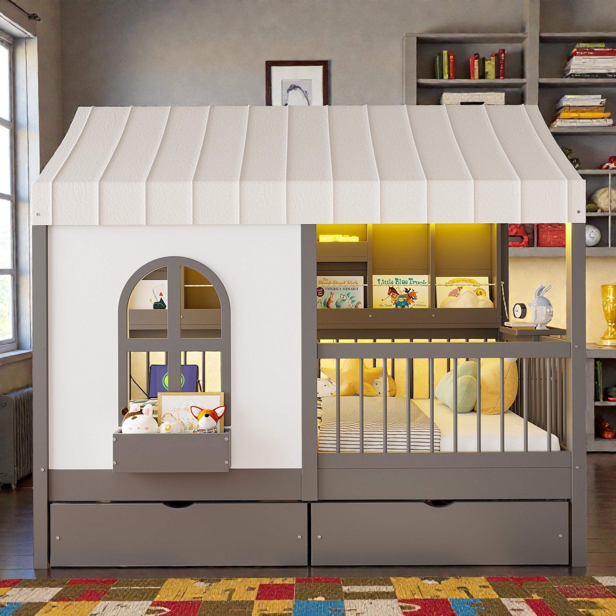Full Size Kids House Bed With 2 Storage Drawers Side Bookshelf With Led Strip Guardrails And Charging Station