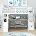 Full Size Loft Bed Featuring Desk Shelves Built In Drawers Storage Staircase Full Length Guardrail