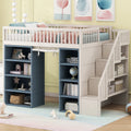 Full Size Loft Bed With 2 Four Layer Storage Cabinets And Curtain