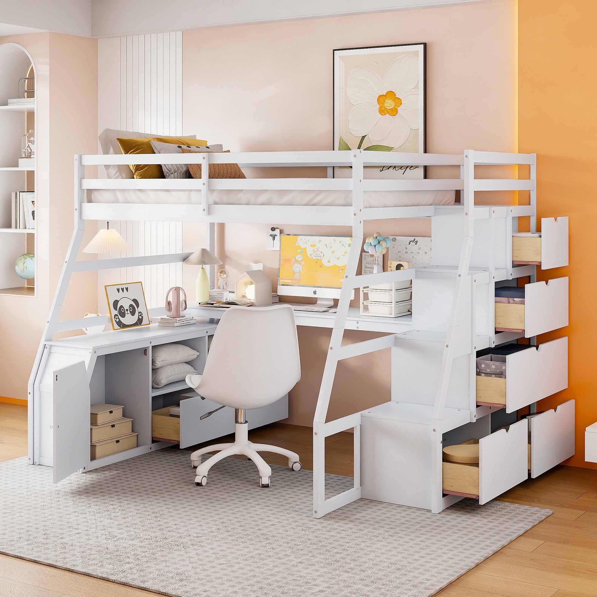 Full Size Loft Bed With 7 Drawers 2 Shelves And Desk White