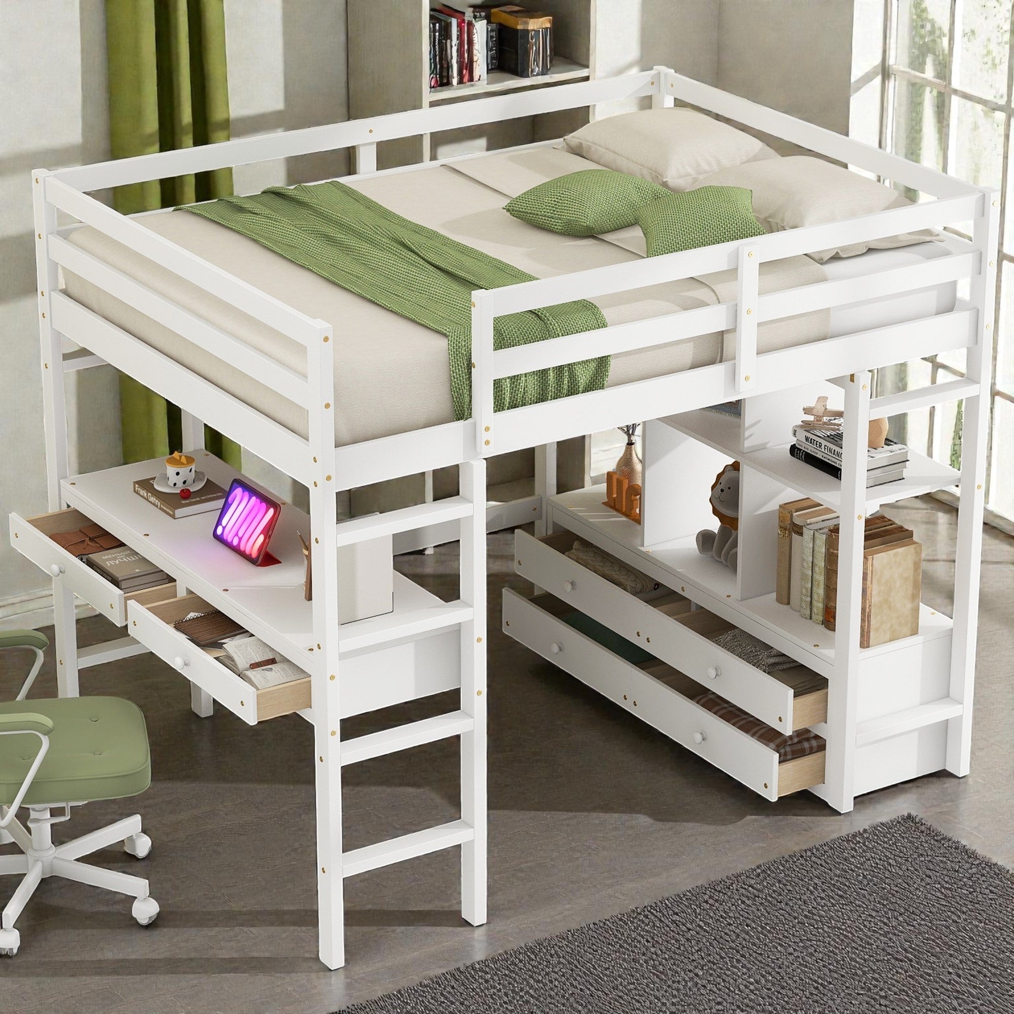 Full Size Loft Bed With Built In Desk Storage Drawers Shelves And Cabinets Space Saving Workstation Bed Frame