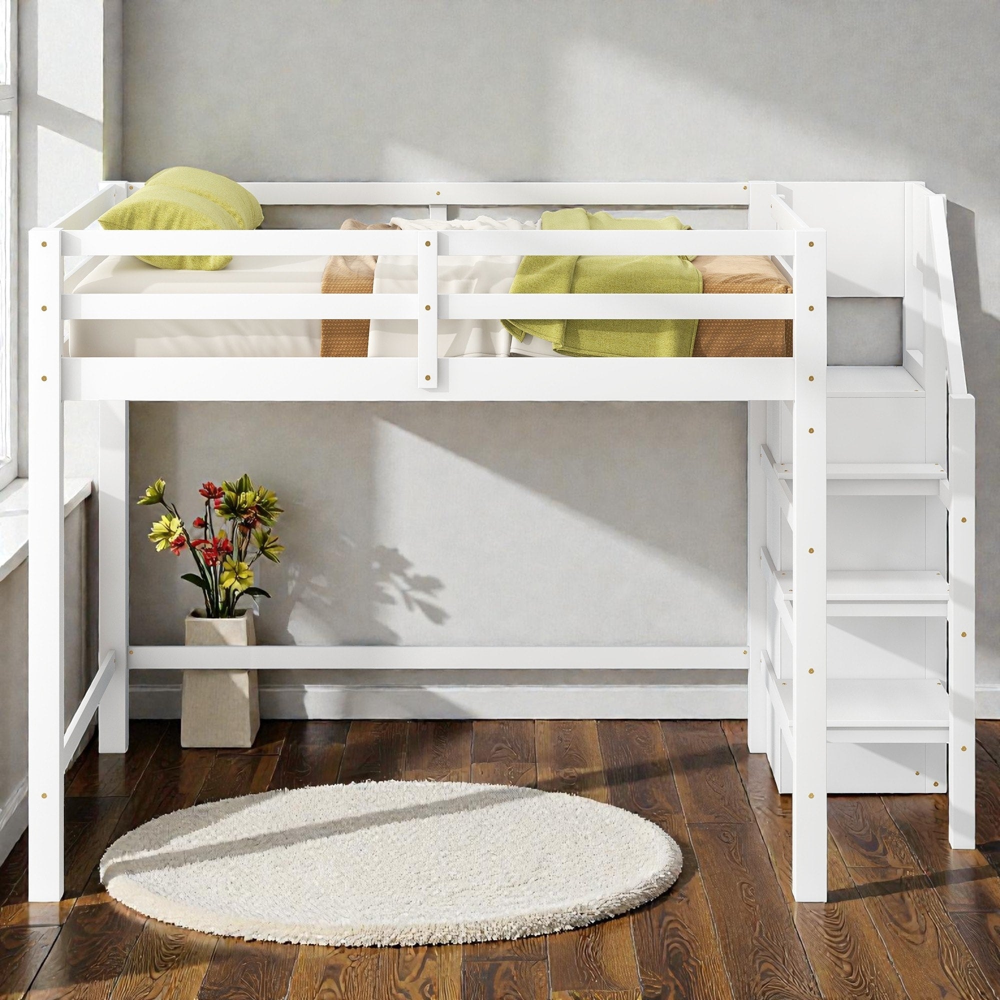 Full Size Loft Bed With Built In Storage Wardrobe And Staircase Solid Wood Space Saving Loft Frame