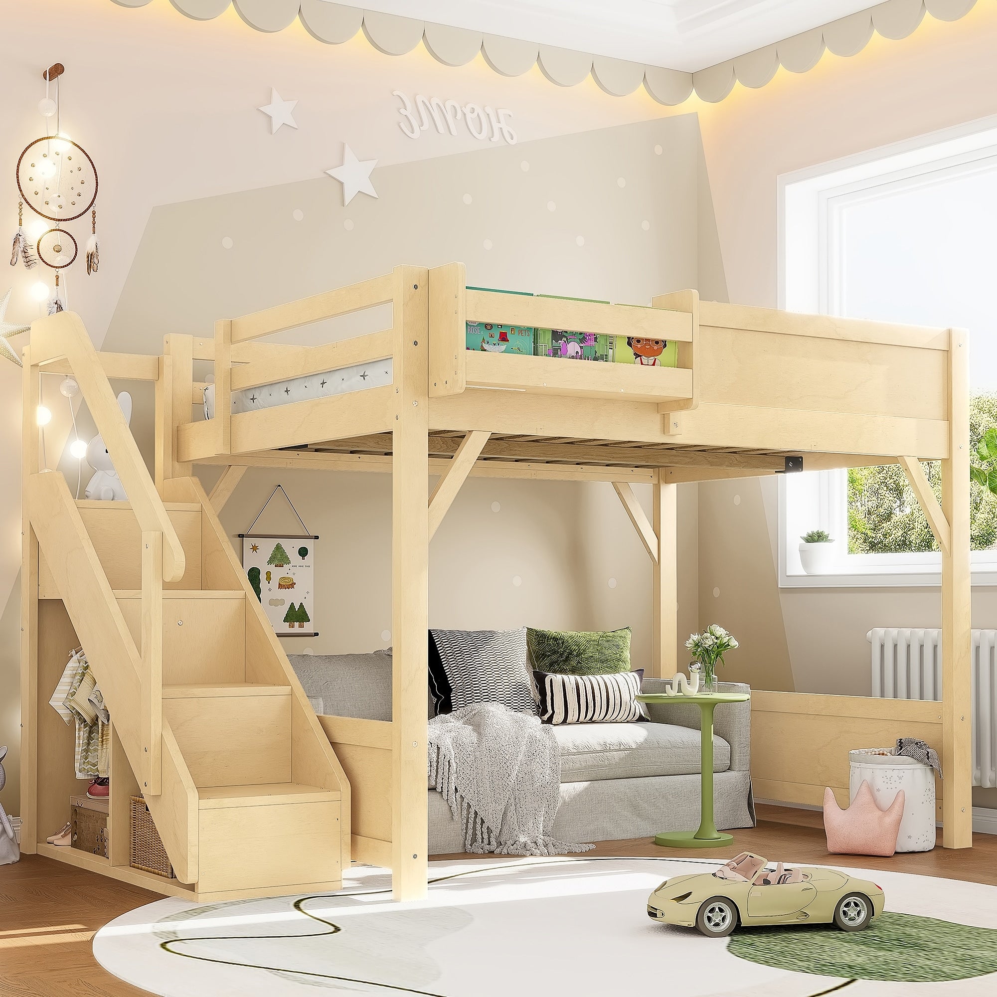 Full Size Loft Bed With Built In Wardrobe And Storage Space Loft Bed With Beside Shelves Full Length Guardrails And Stairs