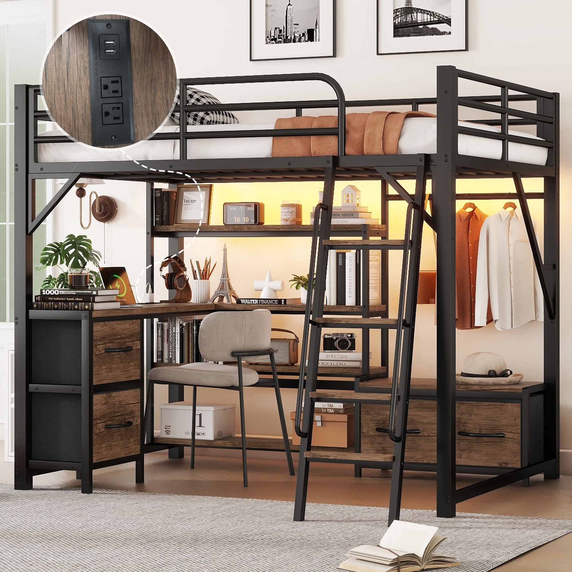 Full Size Loft Bed With Desk And Light Metal Loft Bed With Storage Shelves Wardrobe And Drawers For Boys Girls