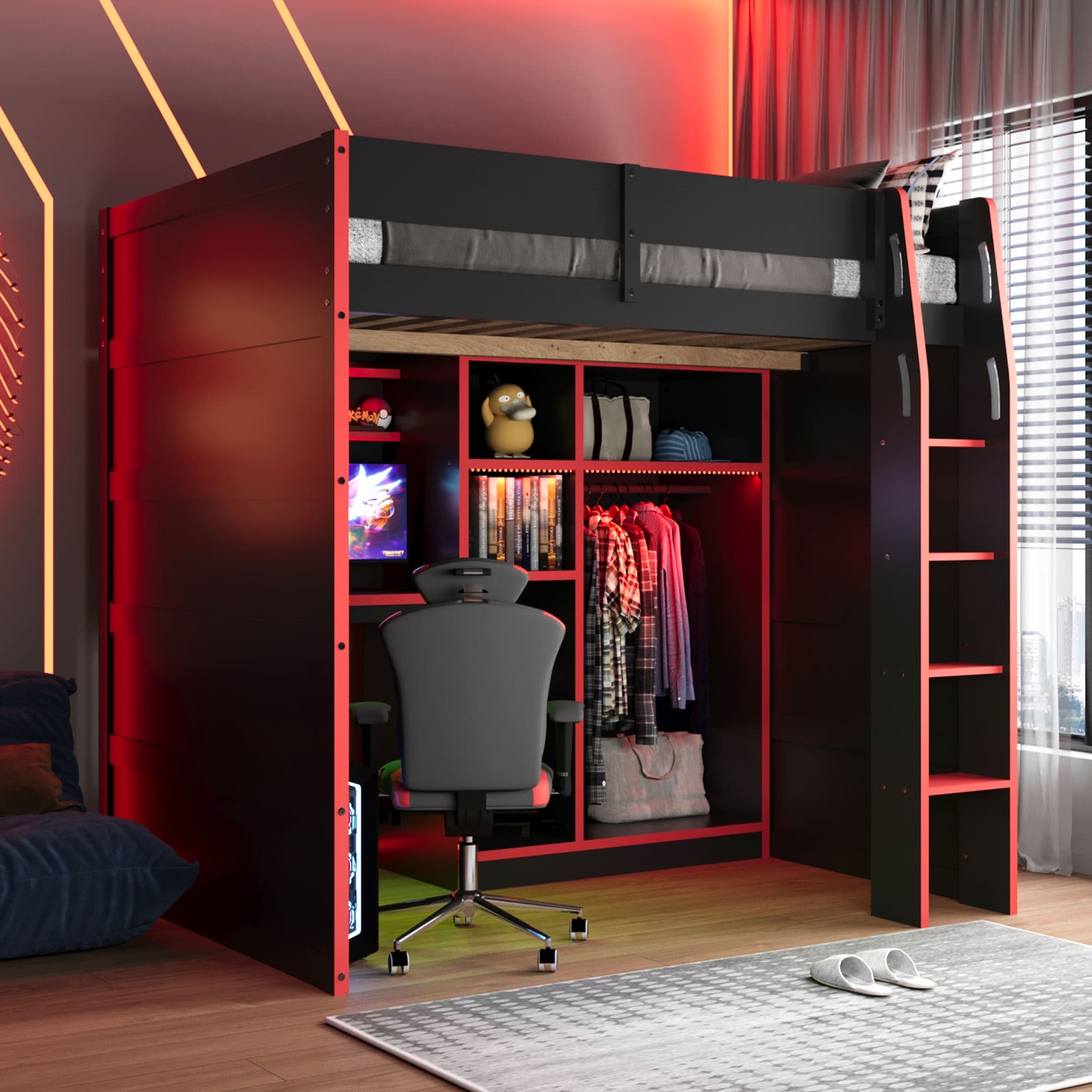 Full Size Loft Bed With Desk Rgb Lighting Open Wardrobe And Ample Storage