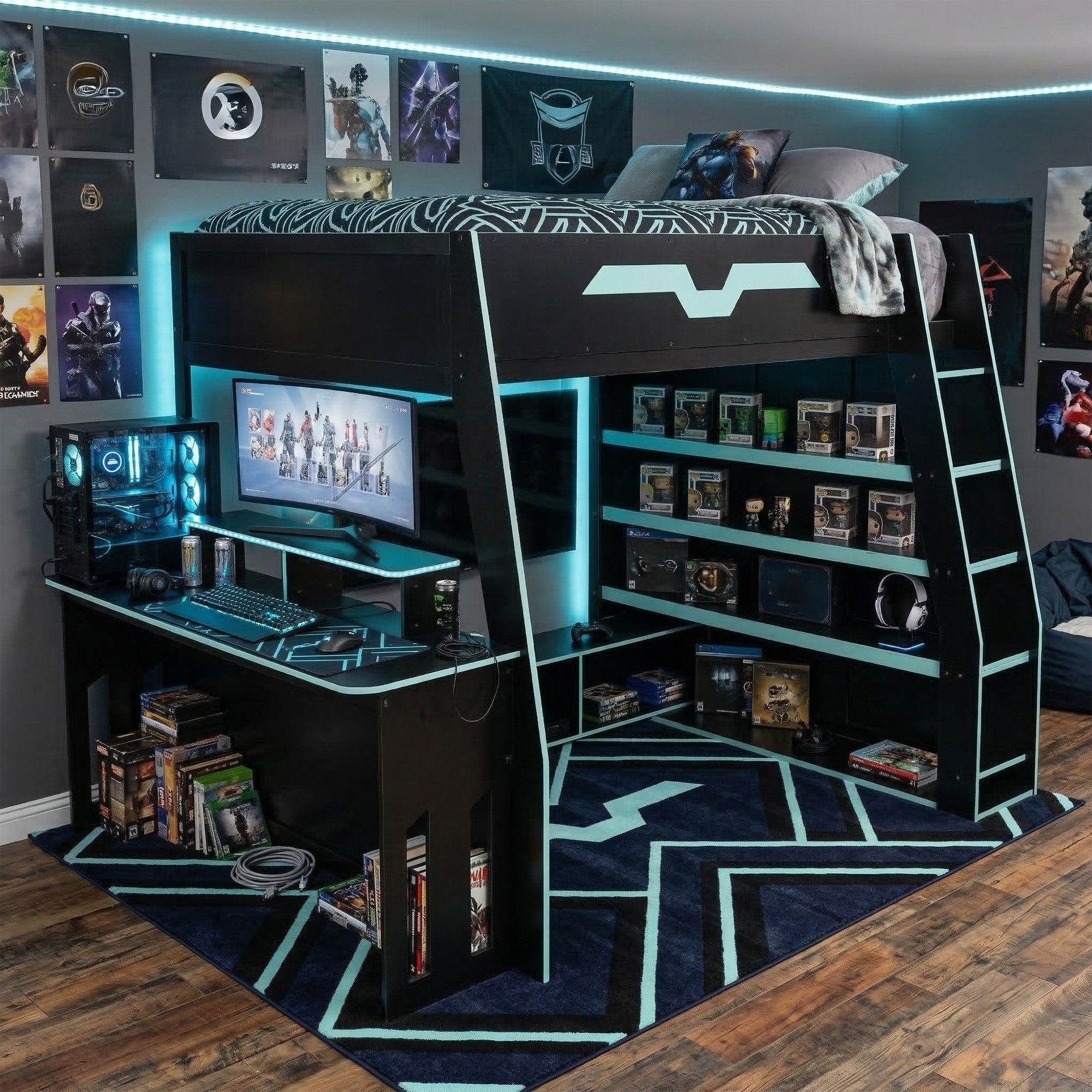 Full Size Loft Bed With Desk Rgb Lights Multi Storage Shelves
