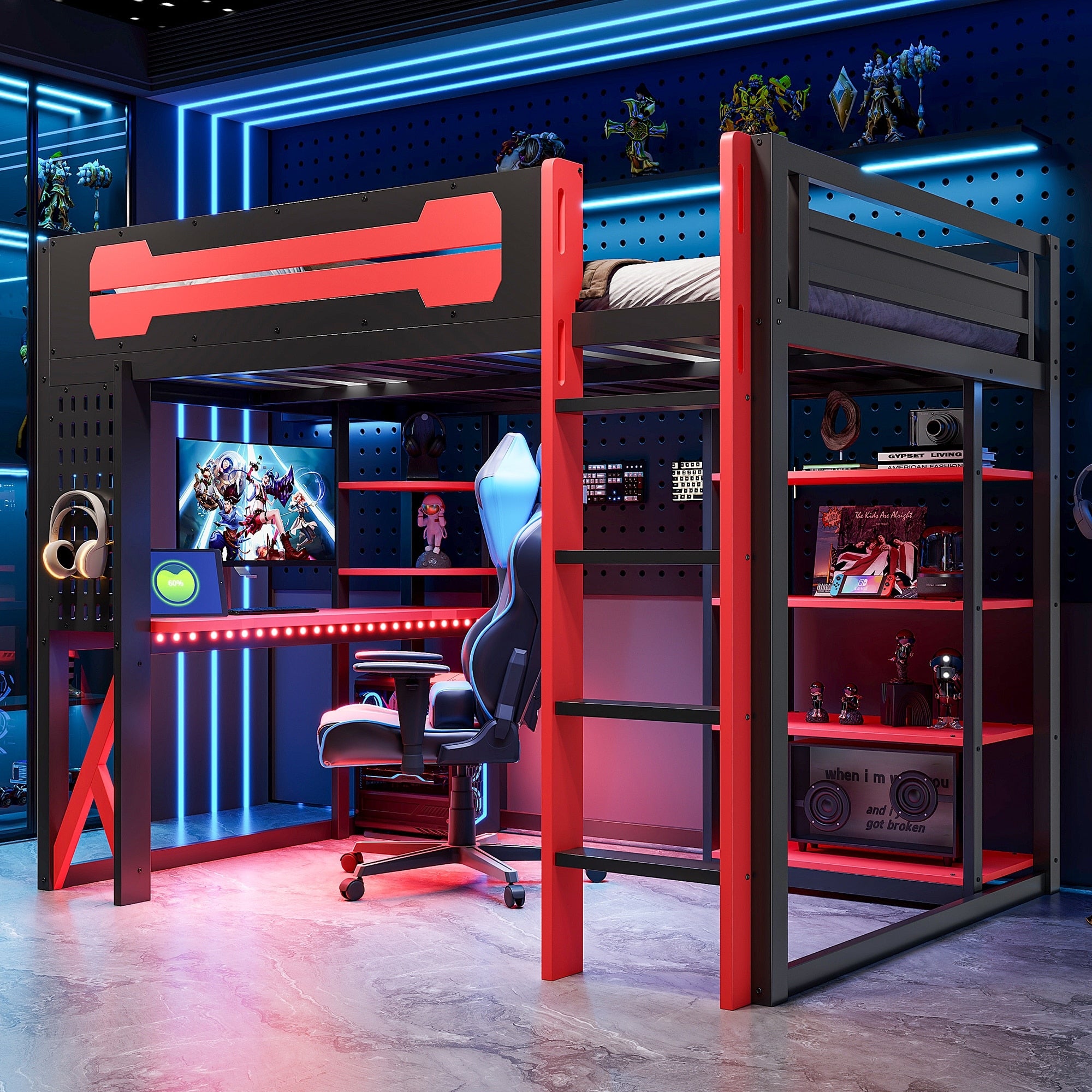 Full Size Loft Bed With Desk Shelves Usb Type C Ports Rgb Light