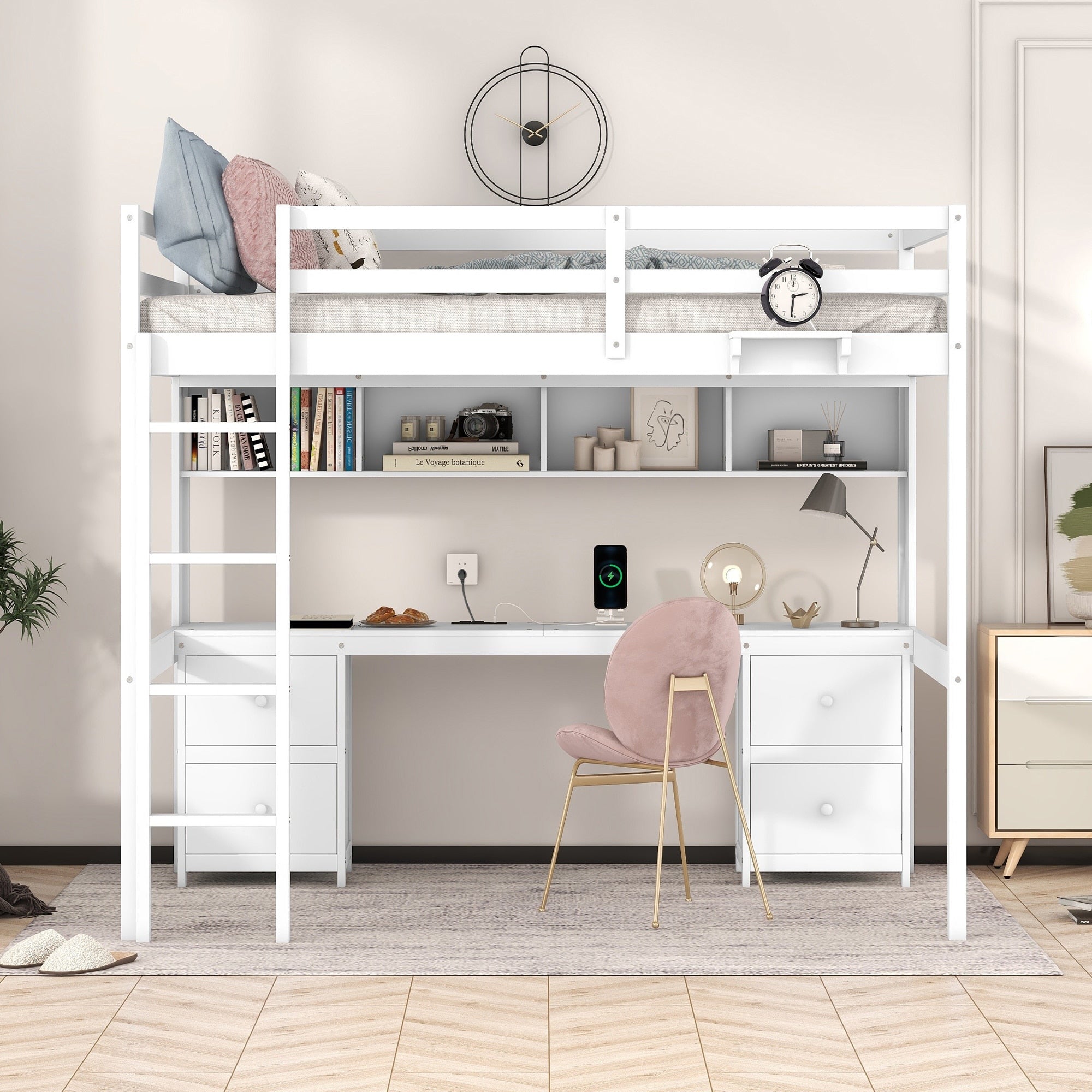 Full Size Loft Bed With Desk Storage Charging Station