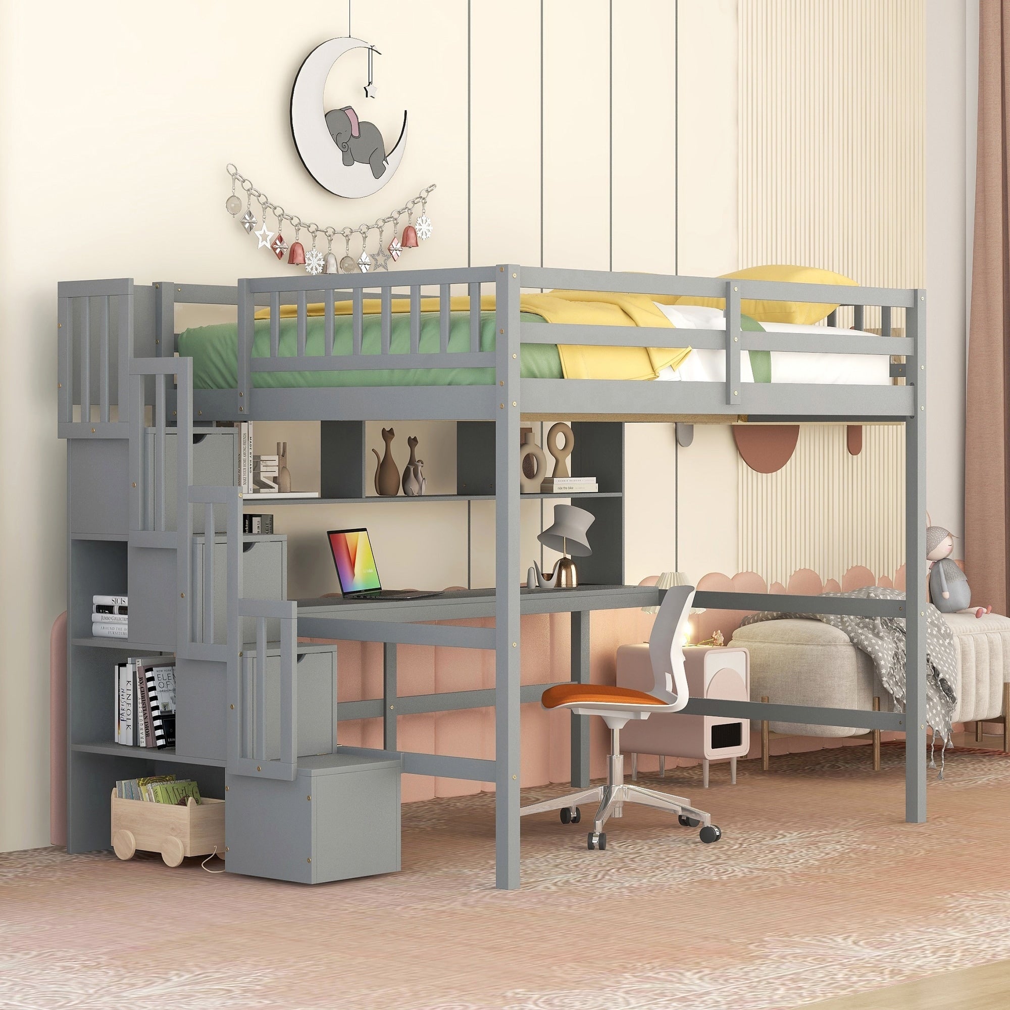 Full Size Loft Bed With Desk Storage Shelves And Staircase Grey
