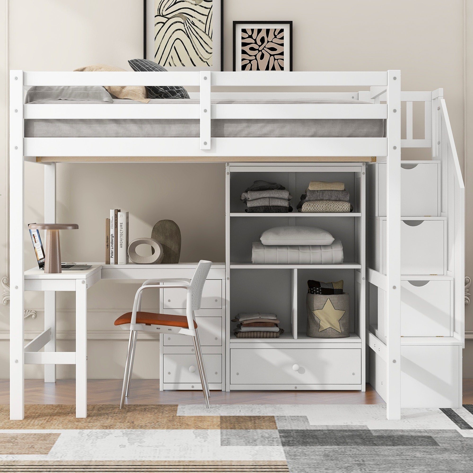 Full Size Loft Bed With L Shaped Desk And Drawers Cabinet And Storage Staircase