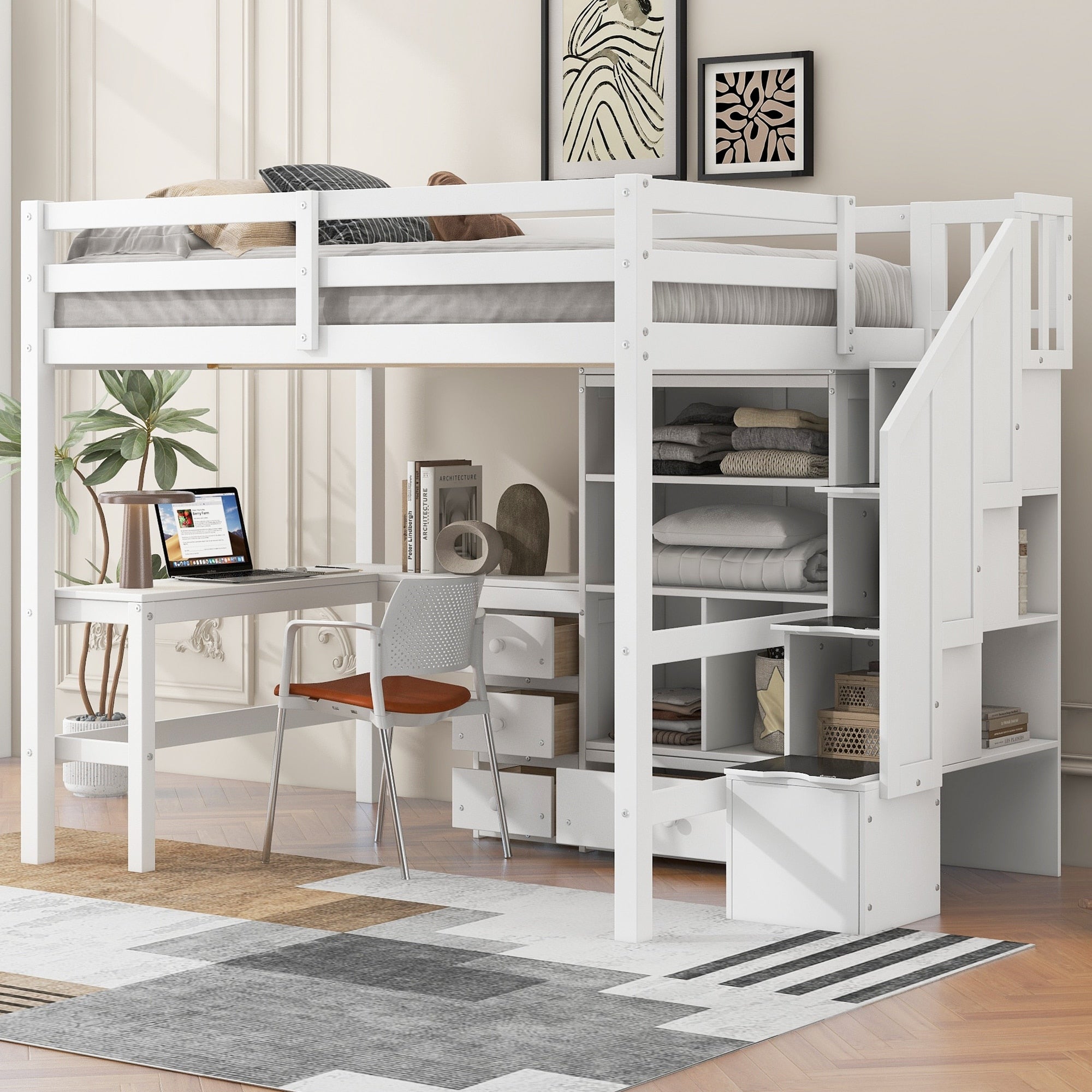Full Size Loft Bed With L Shaped Desk Storage Staircase Cabinet