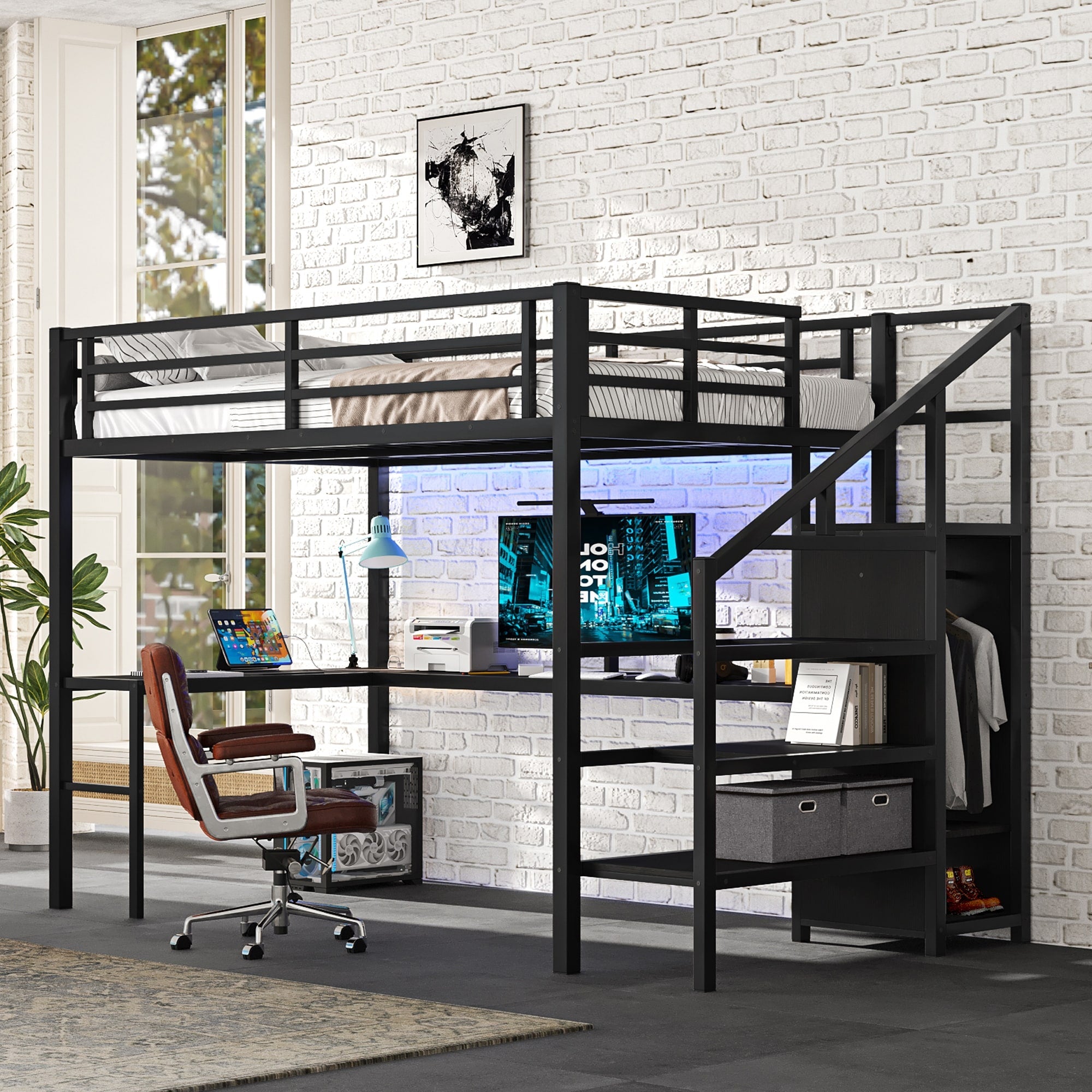 Full Size Loft Bed With L Shaped Desk Wardrobe Usb Ports Led Lights High Sleeper For Teens And Adults