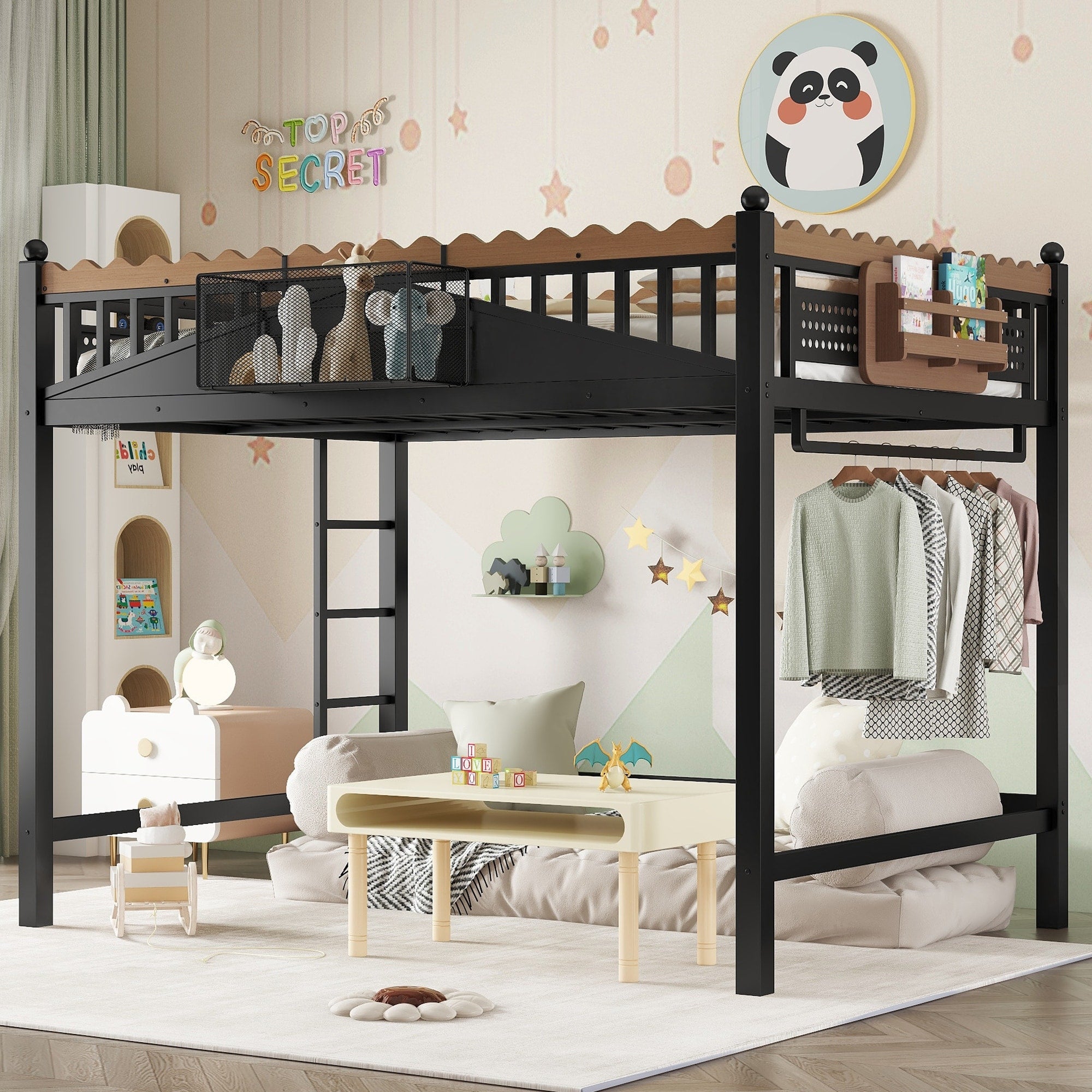Full Size Loft Bed With Ladders Metal Loft Bed With Storage Shelves And Bookshelf No Box Spring Needed And Chic Design