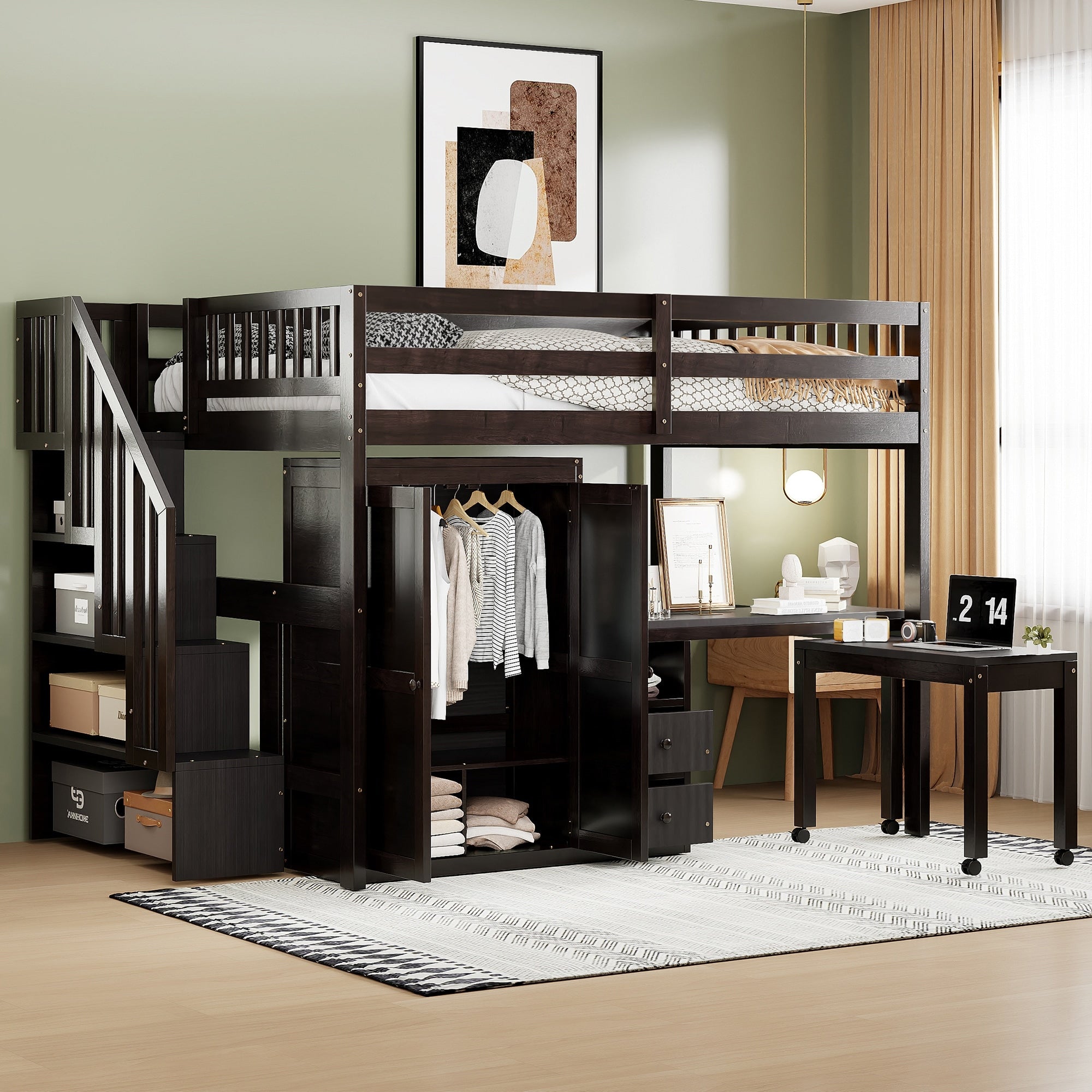 Full Size Loft Bed With Stairs Desk Drawers Bookshelf Wardrobe Pine Wood