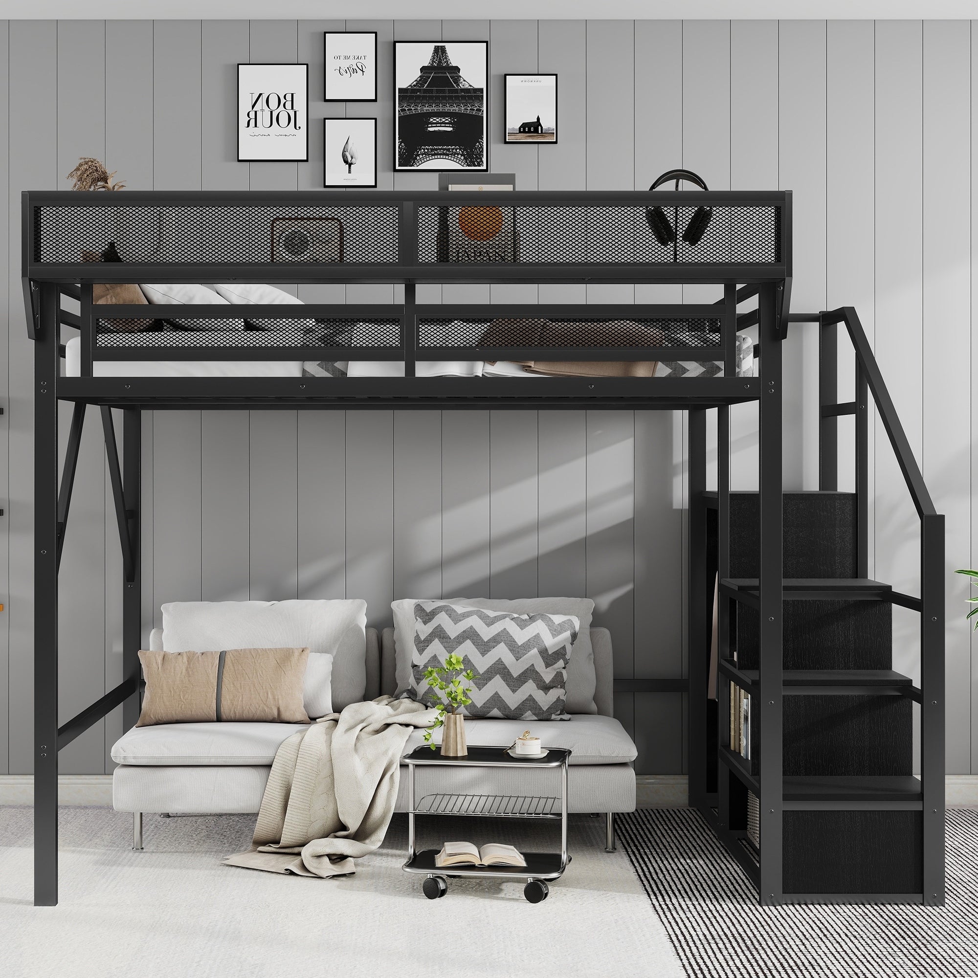 Full Size Loft Bed With Stairs Metal Full Loft Bed With Storage Shelves High Loft Bed With Wardrobe For Kids Teens