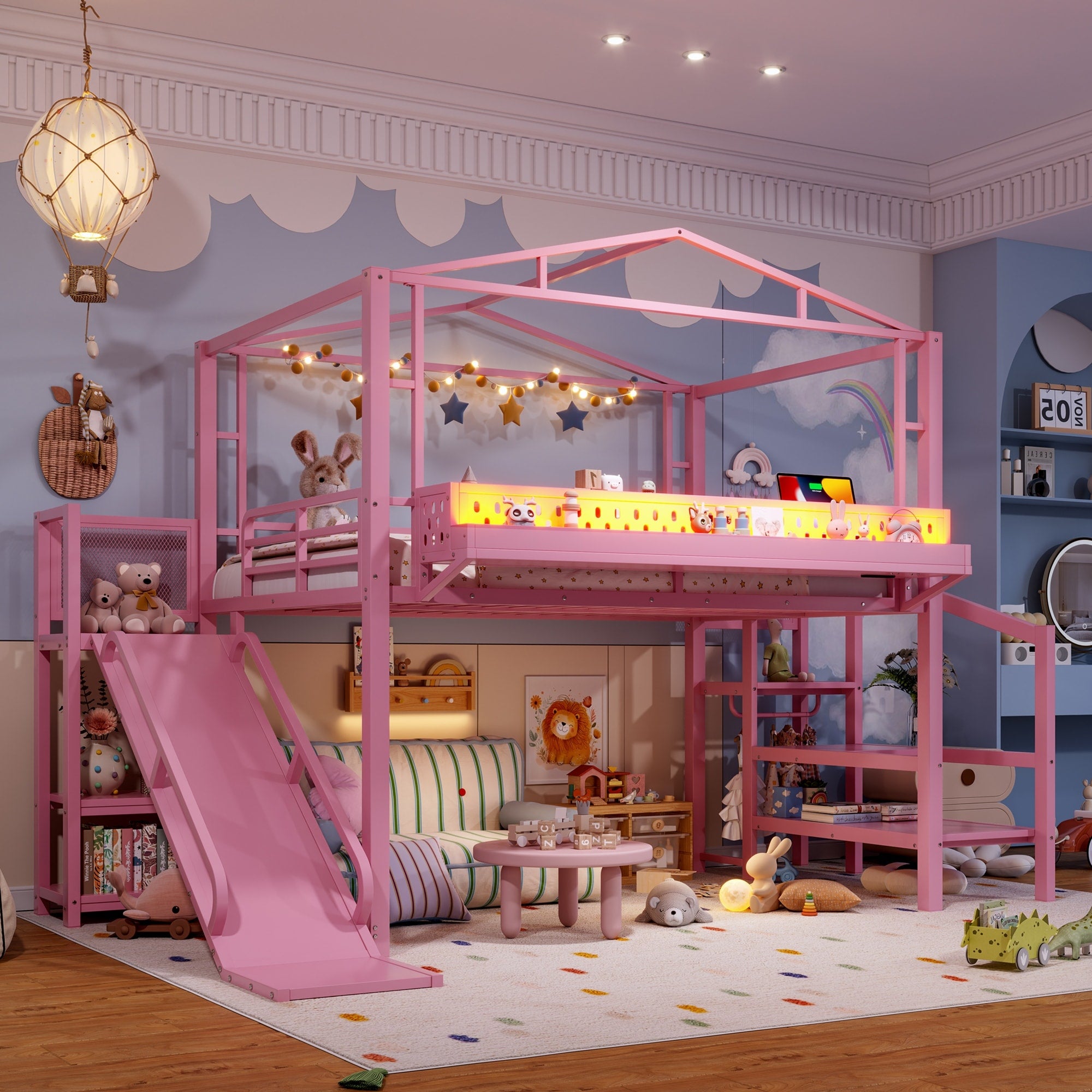 Full Size Loft Bed With Storage Stairs Shelves And Built In Wardrobe Metal Loft Bed Frame With Usb Ports And Led Lights