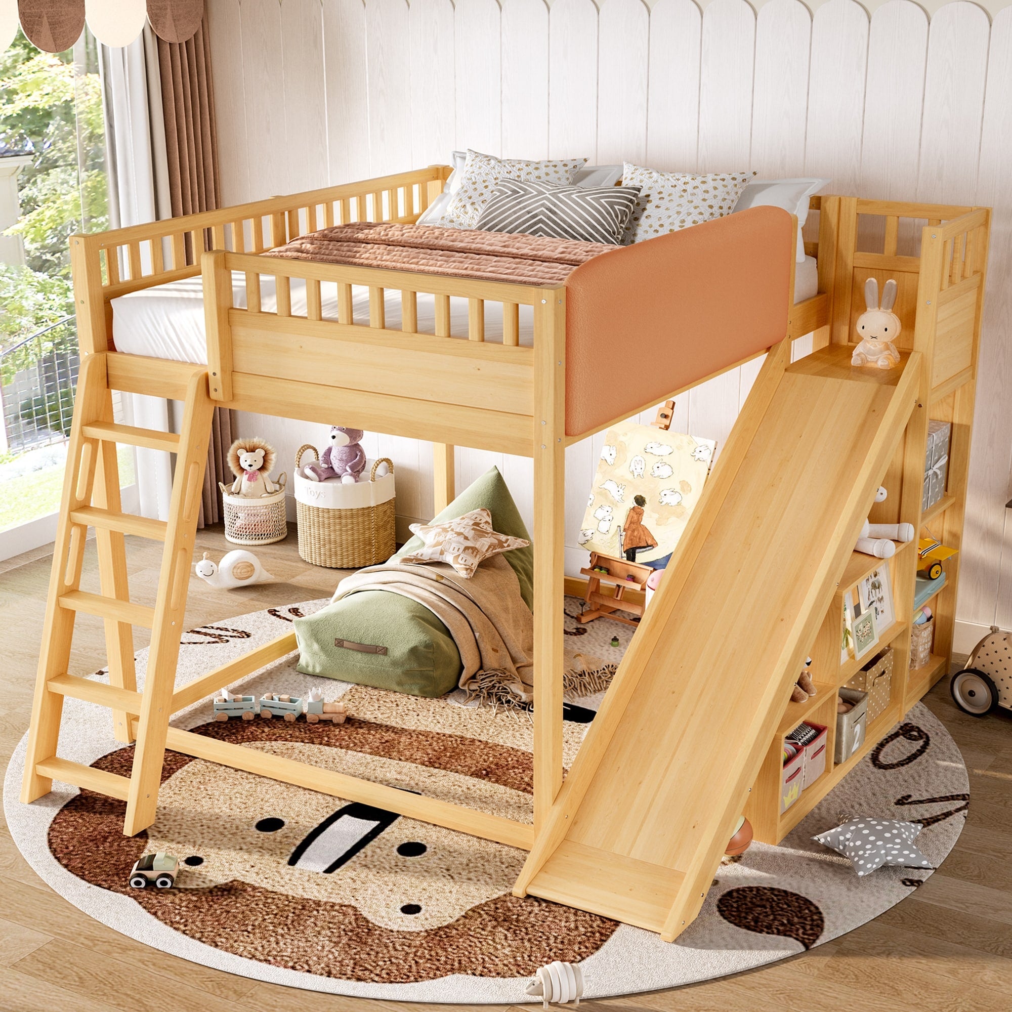 Full Size Loft Bed With Upholstered Headboard And Storage Shelves Complete With Ladder And Slide