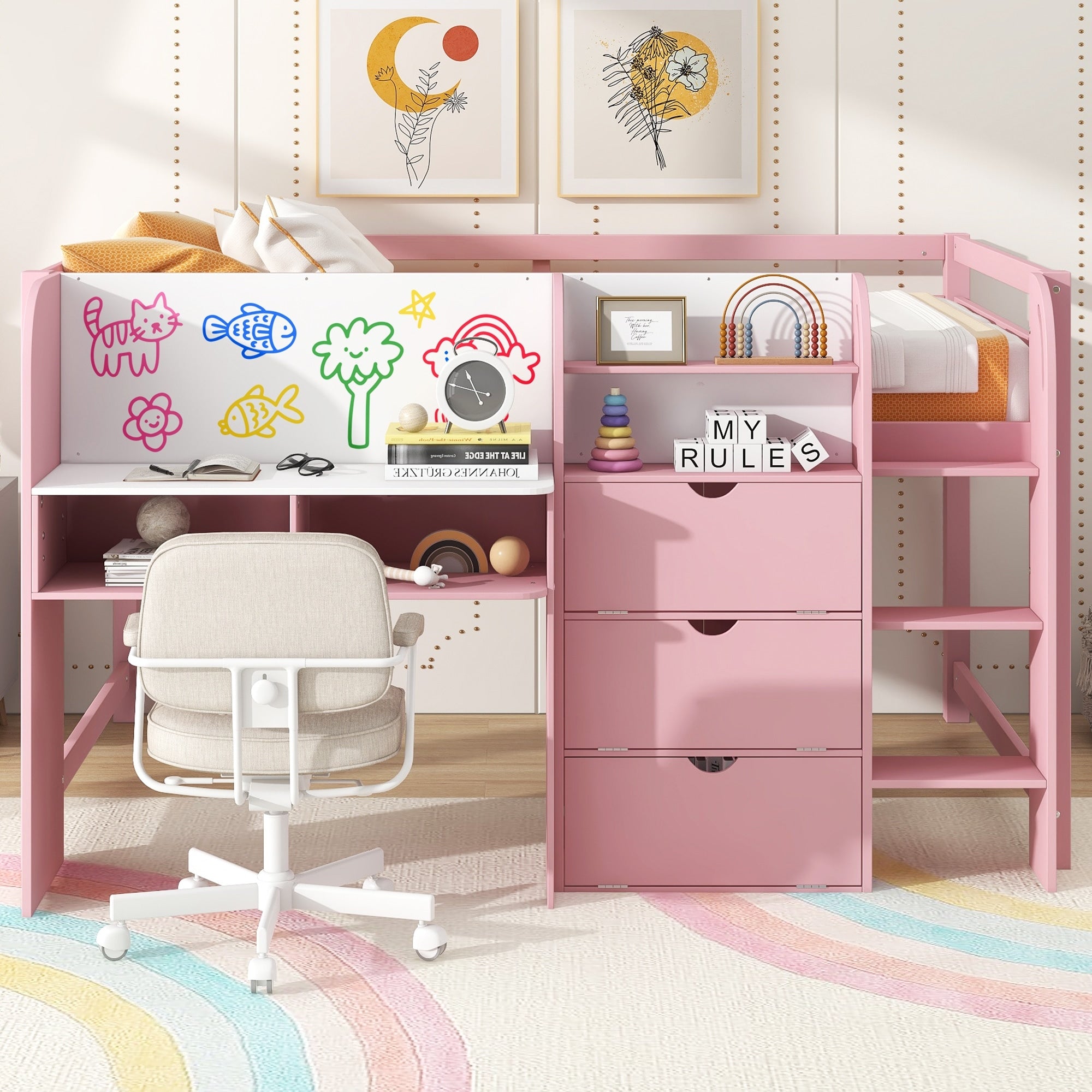 Full Size Low Loft Bed With Built In Desk Storage Cabinets And Open Bookcase Whiteboard For Graffiti