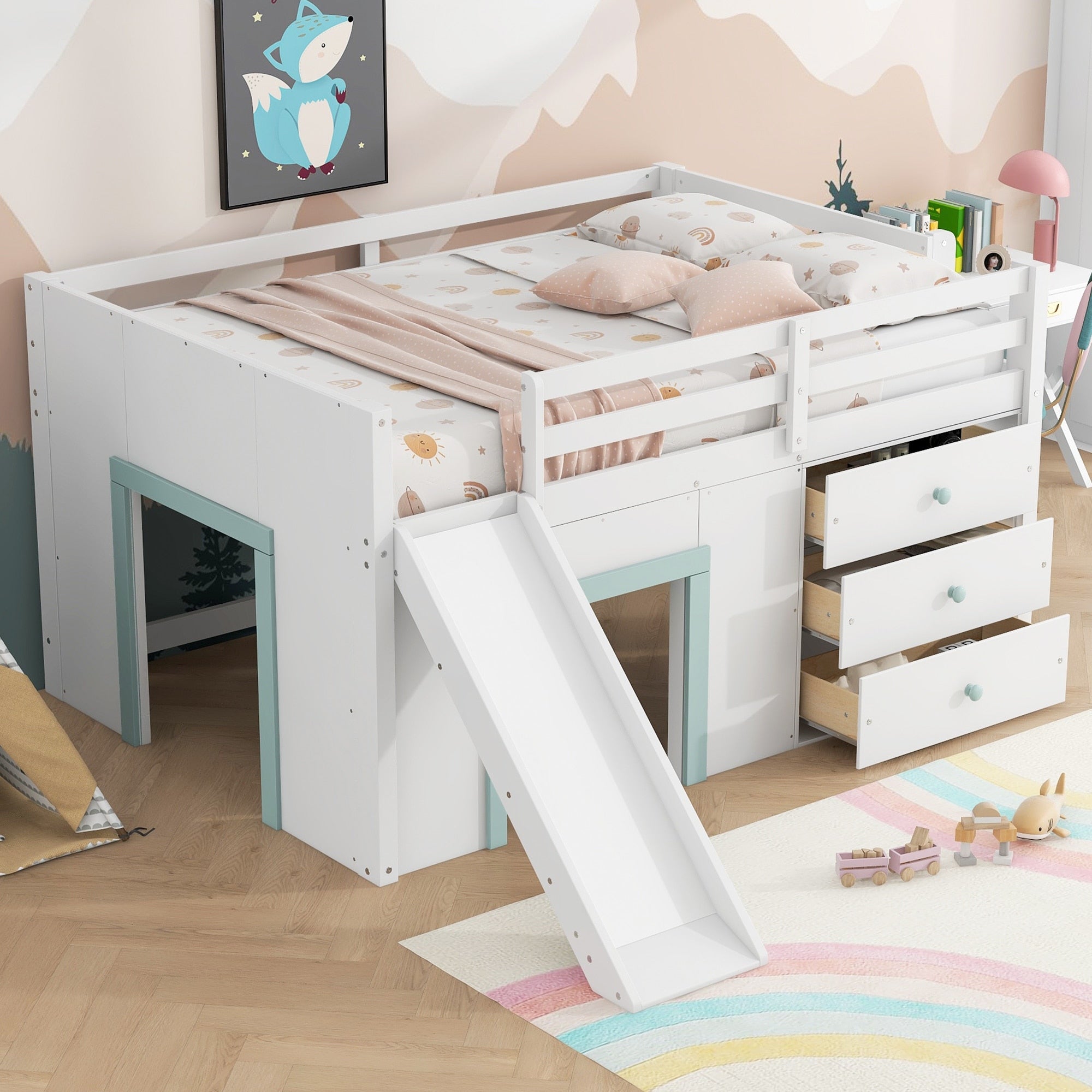 Full Size Low Loft Bed With Fun Slide 3 Storage Drawers 2 Cabinets Space Saving Kids Bedroom Furniture