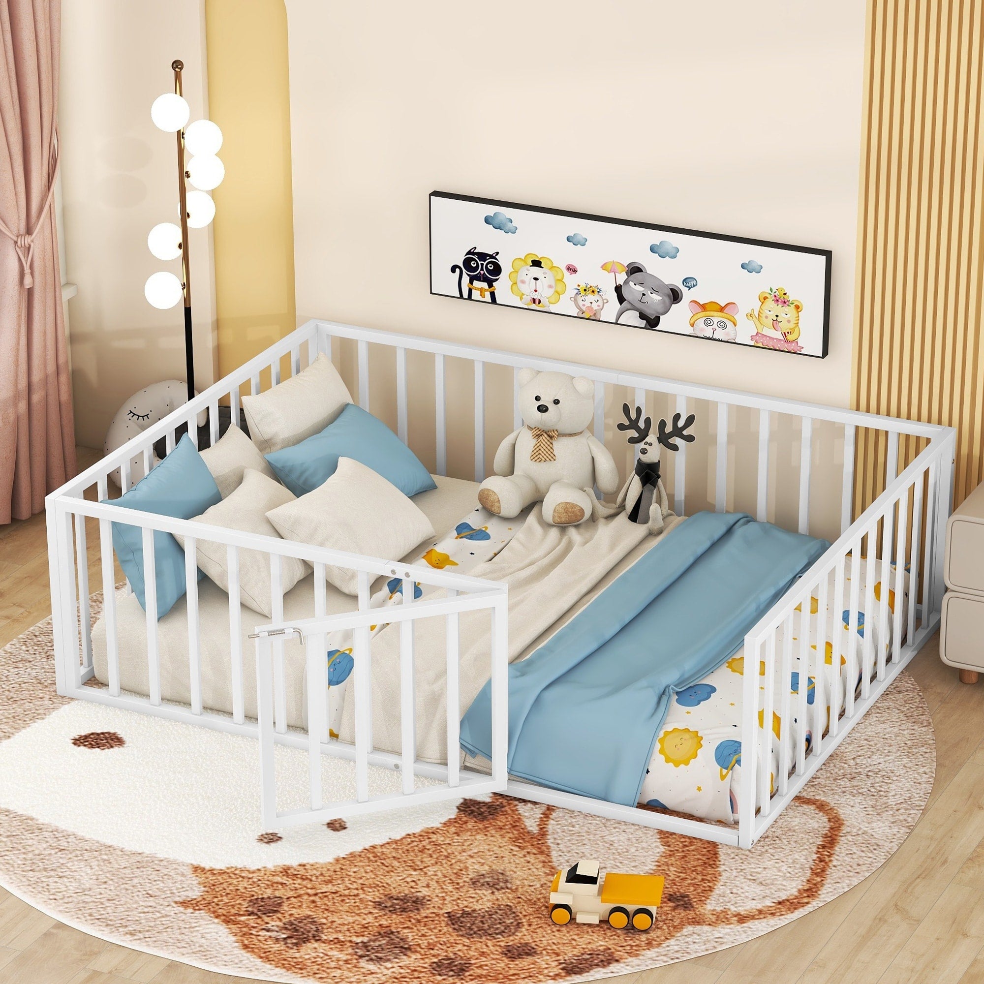 Full Size Metal Floor Bed Frame With Fence And Door For Home Office