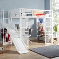 Full Size Metal Loft Bed With Desk Open Wardrobe Slide Staircase Storage And Basketball Hoop