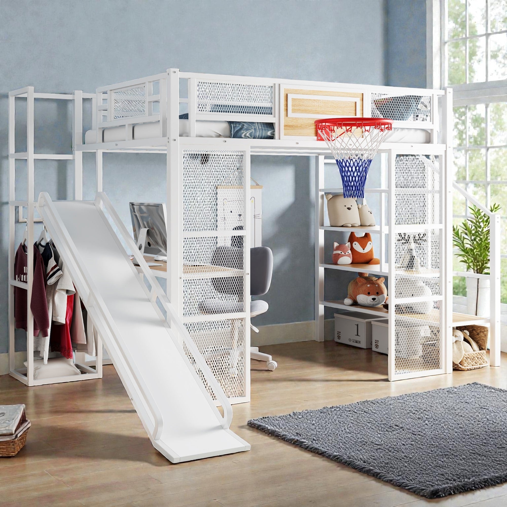 Full Size Metal Loft Bed With Desk Open Wardrobe Slide Staircase Storage And Basketball Hoop