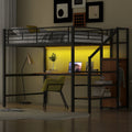 Full Size Metal Loft Bed With Desk Storage Staircase Small Wardrobe And Led Light