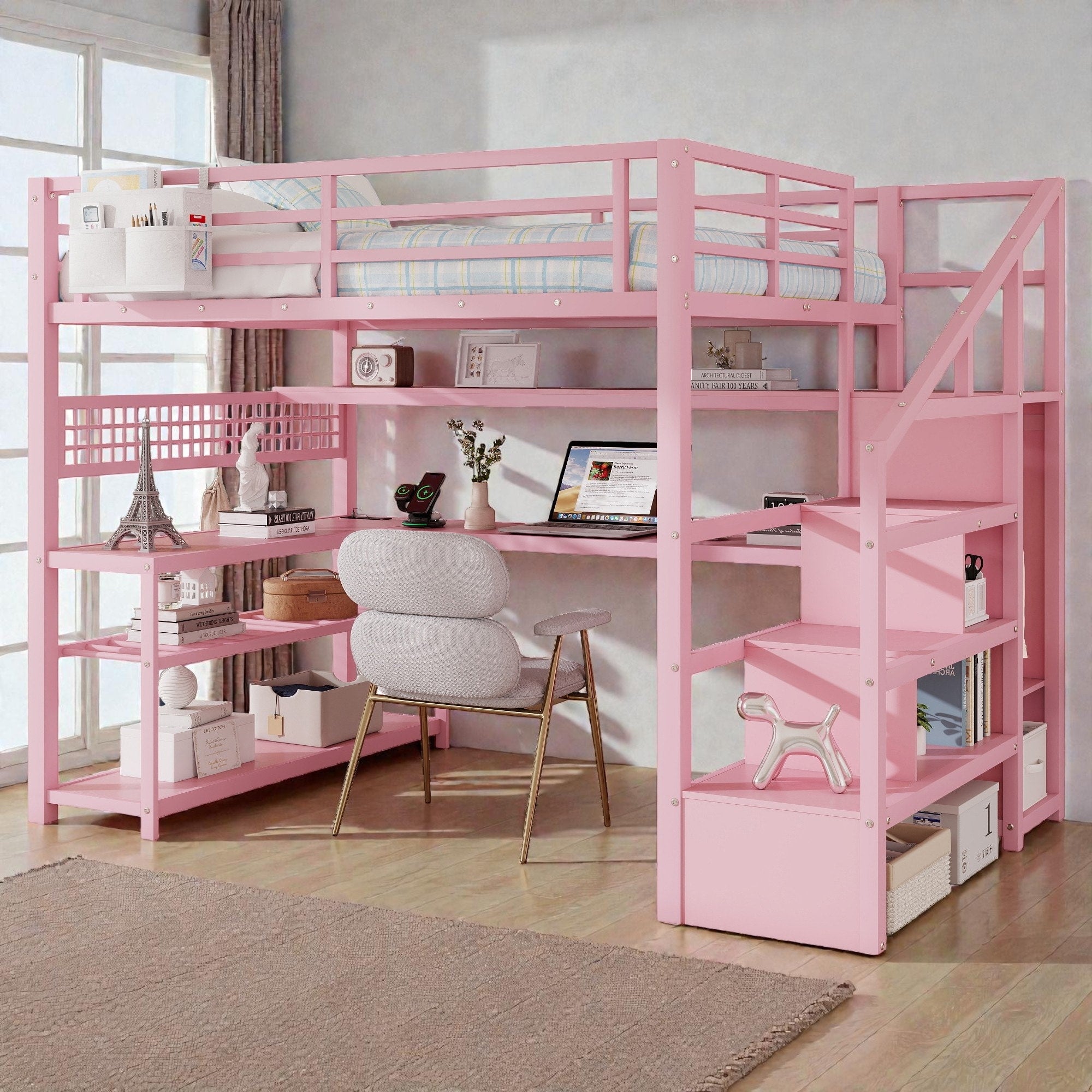 Full Size Metal Loft Bed With Staircase Storage Wardrobe L Shaped Desk Shelves Led Lights And Usb Charging Station