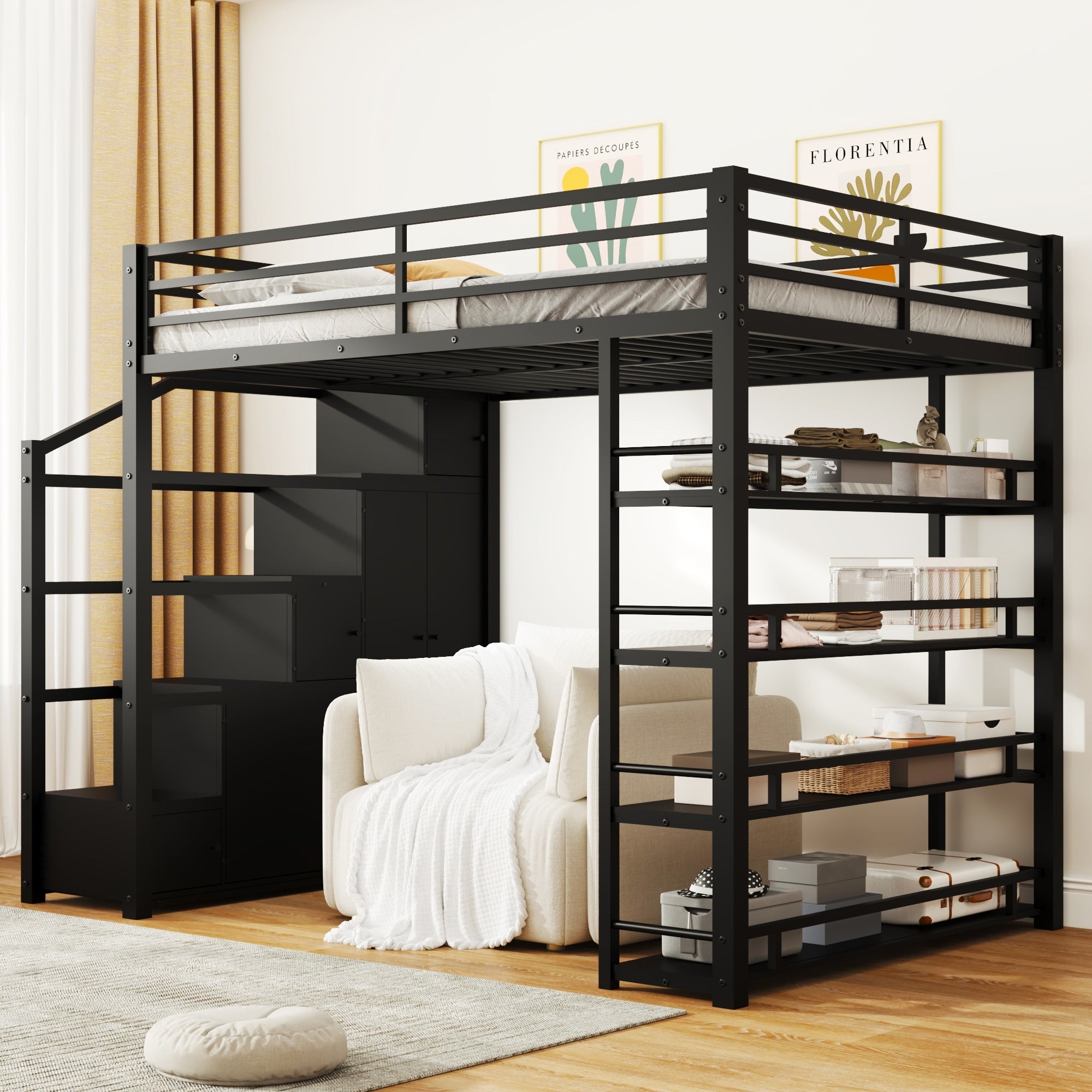 Full Size Metal Loft Bed With Storage Shelves Cabinets Wardrobe Black