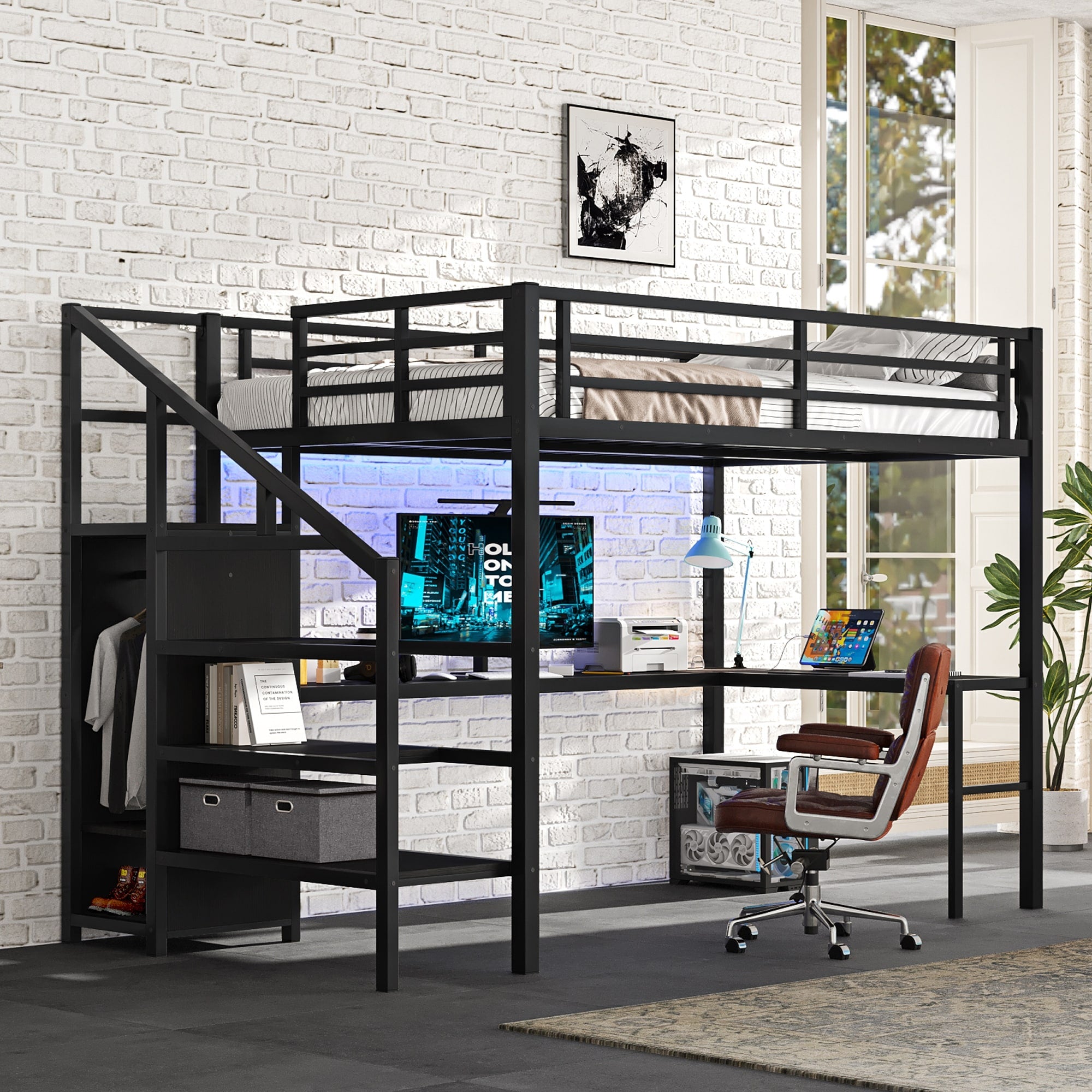 Full Size Metal Loft Bed With Usb L Shaped Desk Wardrobe And Led
