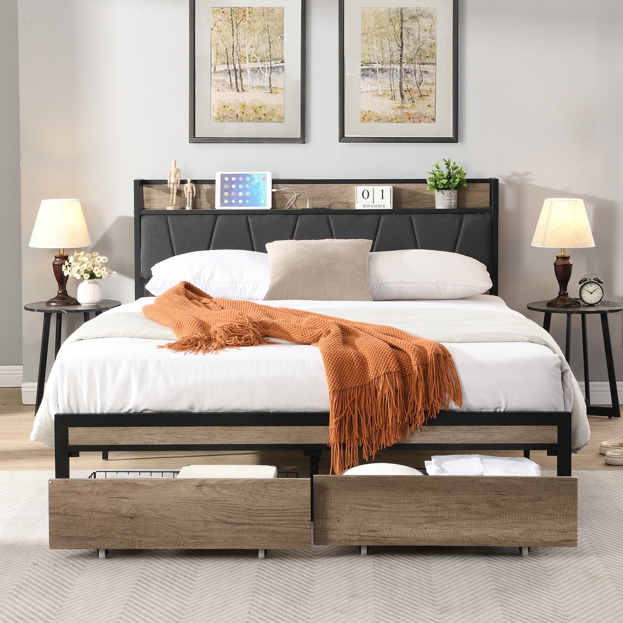Full Size Metal Platform Bed Frame With Upholstery Storage Function Headboard And Usb And Footboard With Drawers