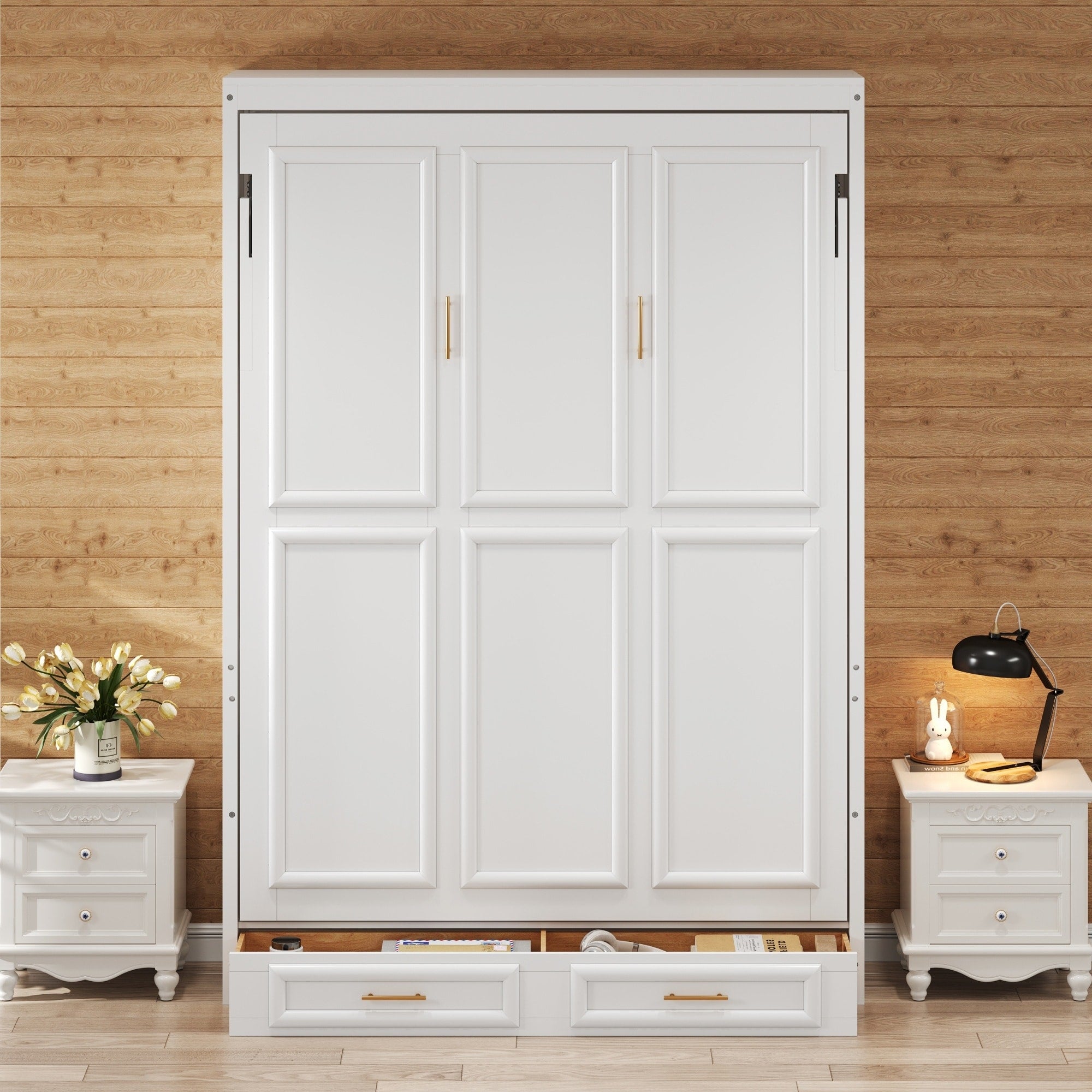 Full Size Murphy Bed With 2 Storage Drawers And Folding Wardrobe Beige