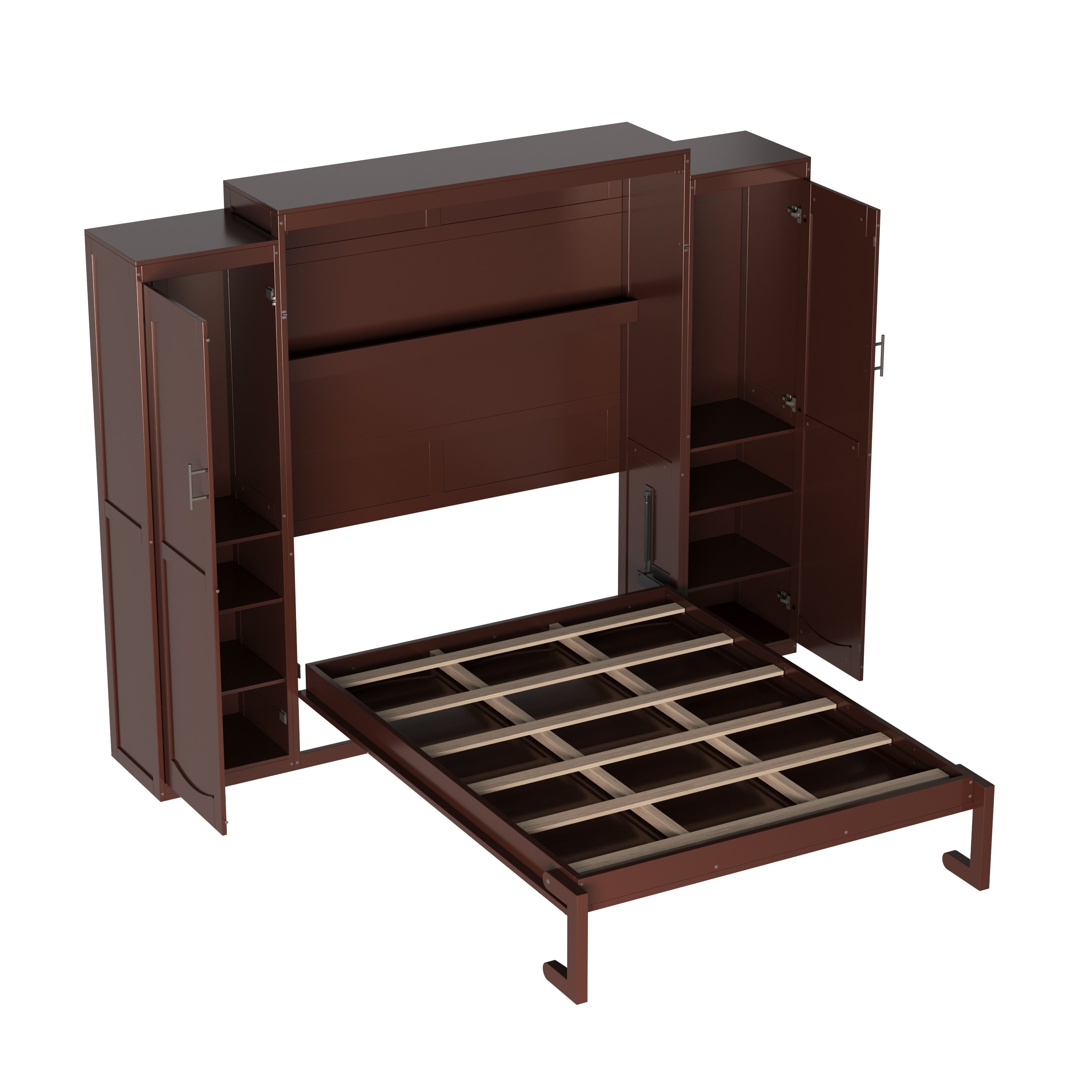 Full Size Murphy Bed With Two Wardrobes And Multifunctional Foldable Platform Bedframe