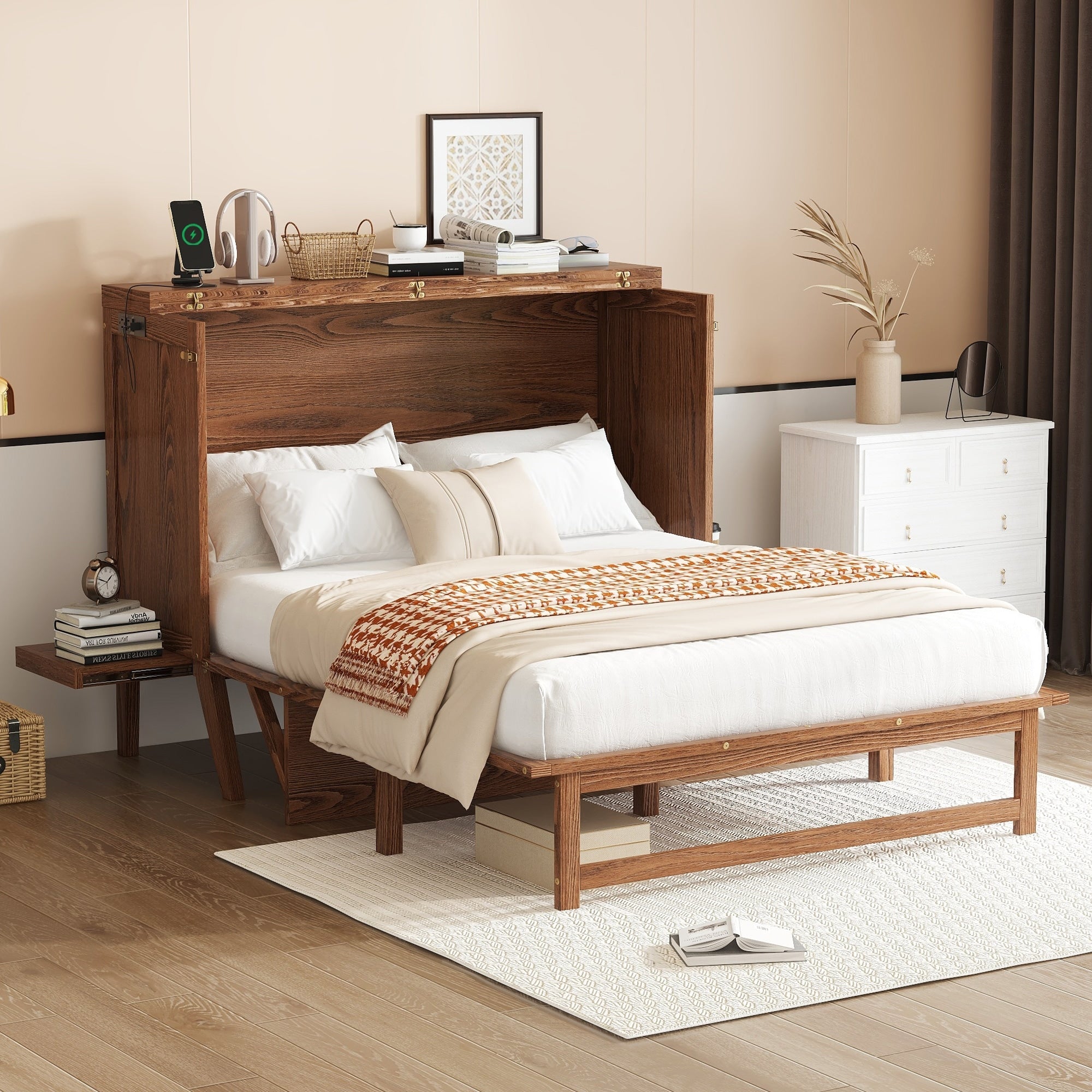 Full Size Murphy Bed With Usb Port And Removable Shelves On Each Side Solid Pine Murphy Cabinet Bed For Home Office