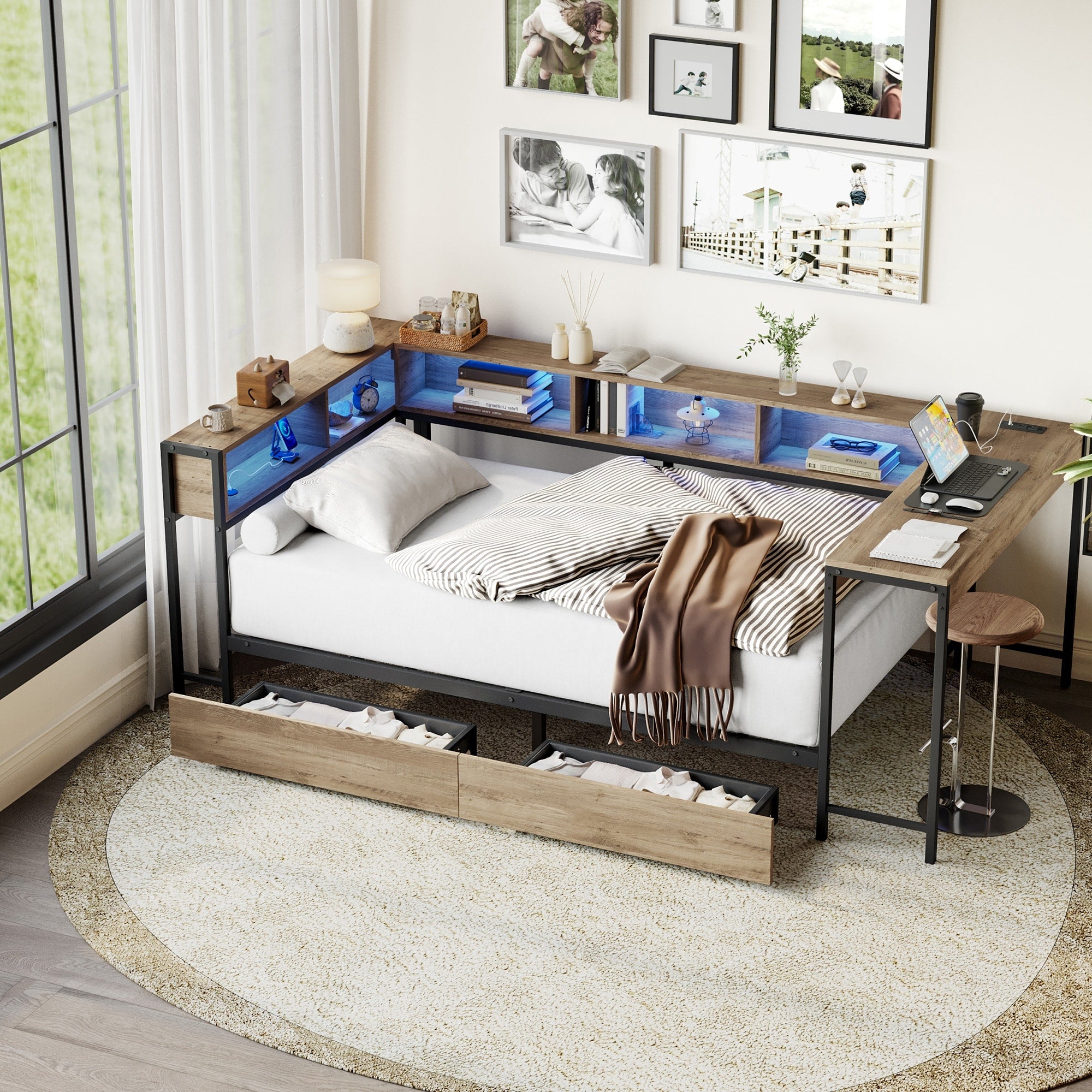 Full Size Platform Bed Frame Daybed With Led Light Storage Drawers