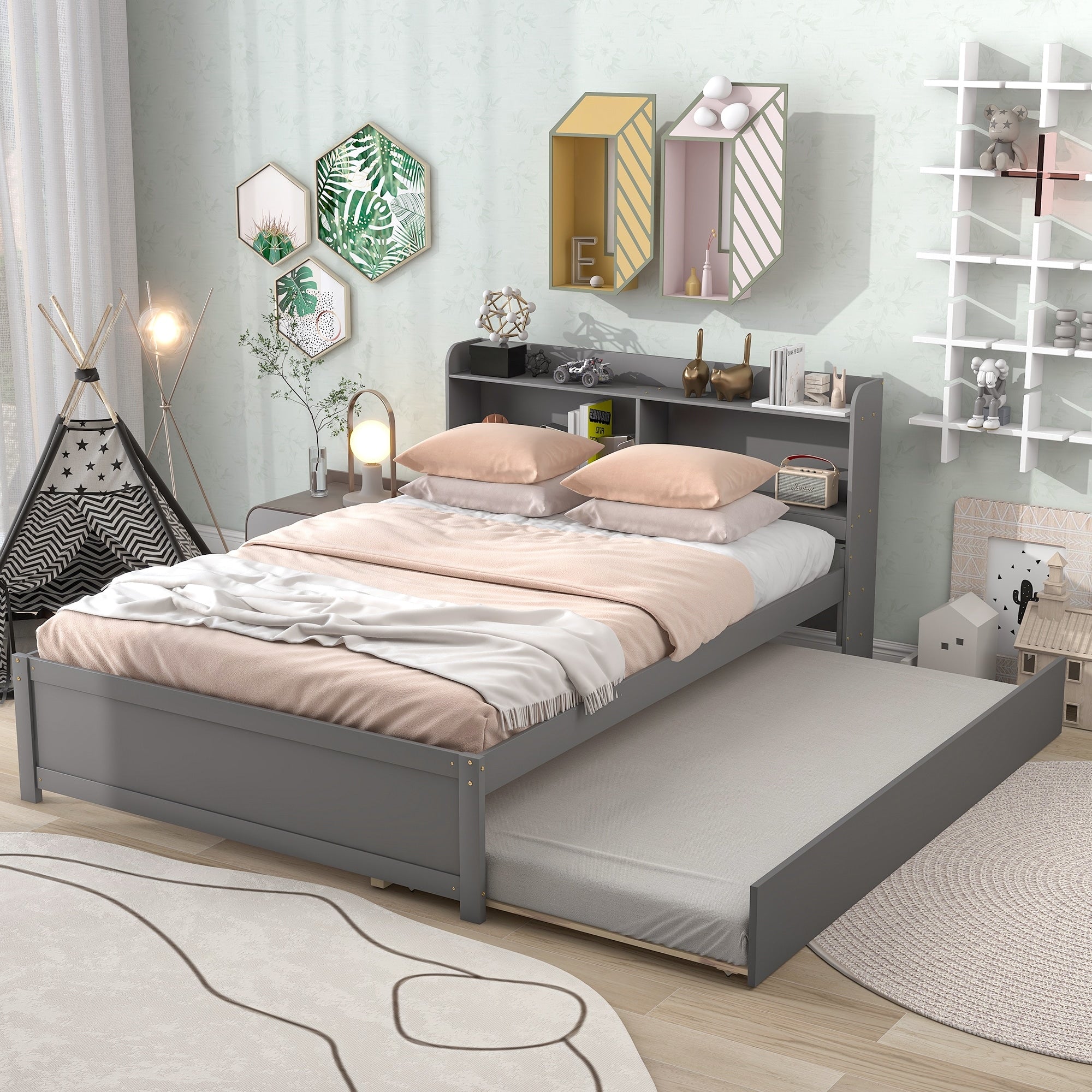 Full Size Platform Bed Frame With Trundle And Bookcase Headboard