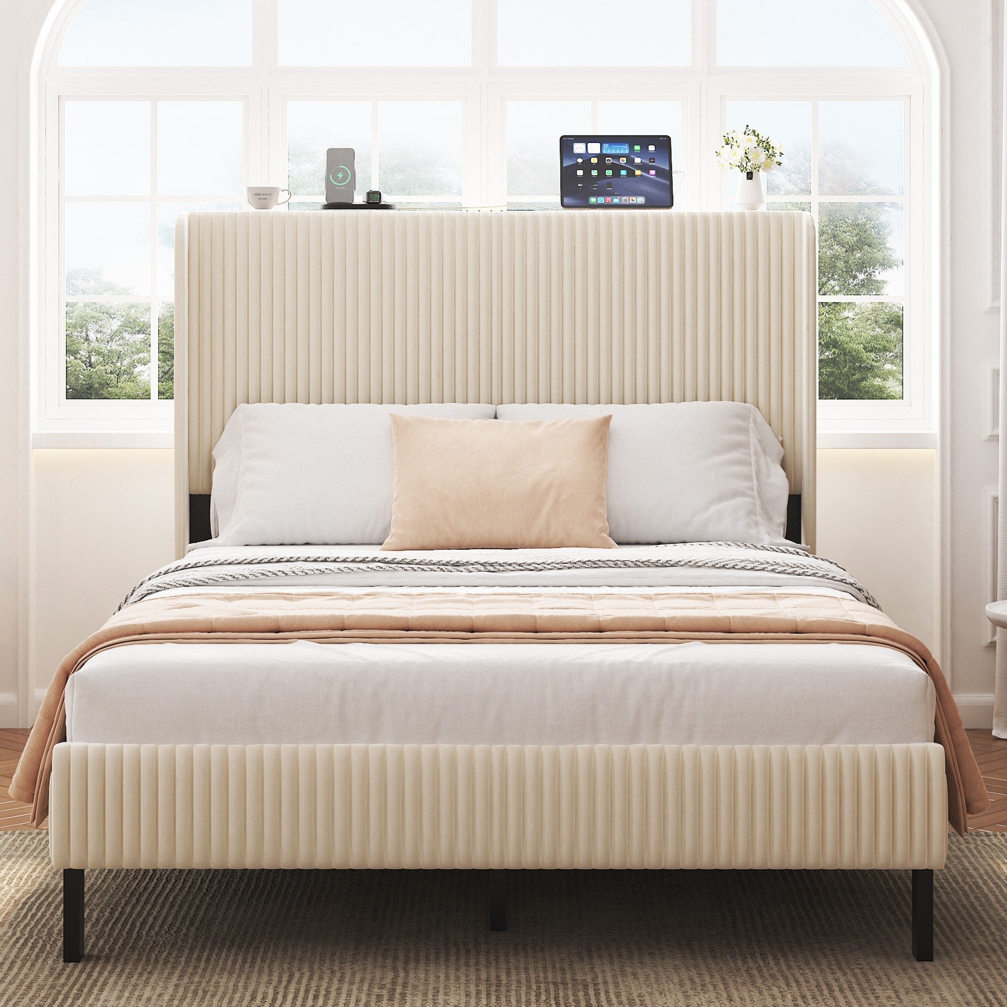 Full Size Platform Bed Metal Bed Frame With Charging Station