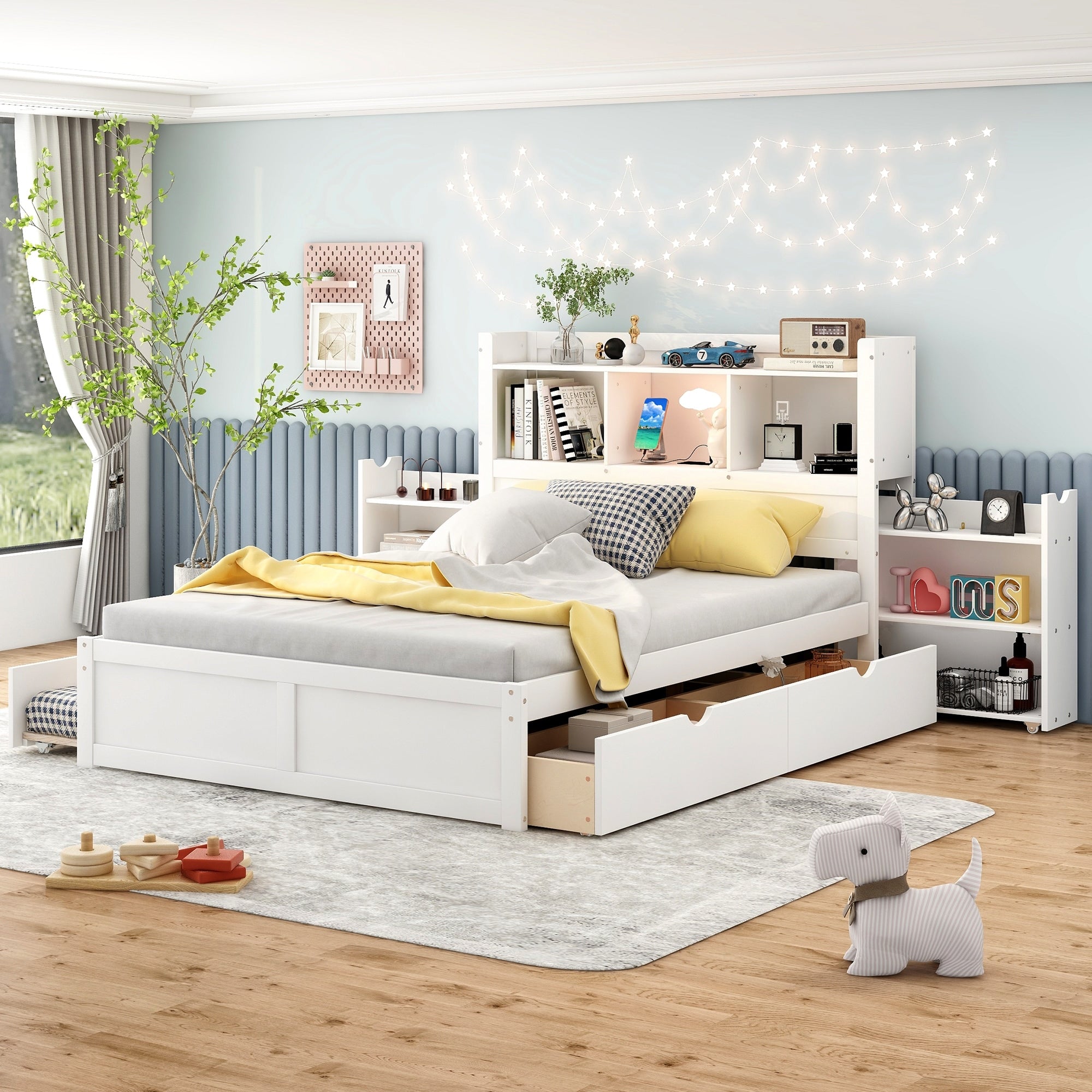 Full Size Platform Bed With Pull Out Shelves Trundle Drawers