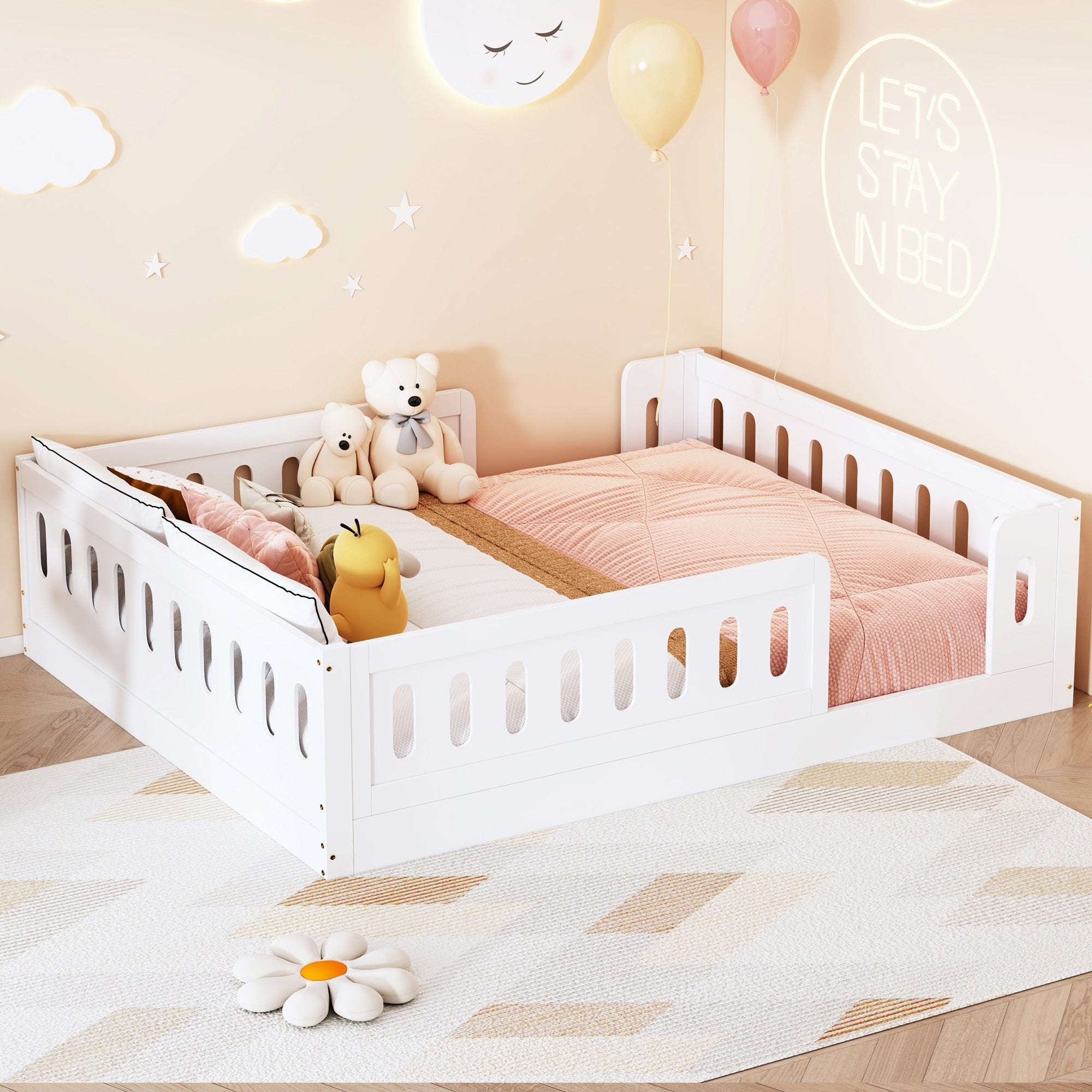 Full Size Platform Bed With Semi Enclosed Guardrail Easy Assembly