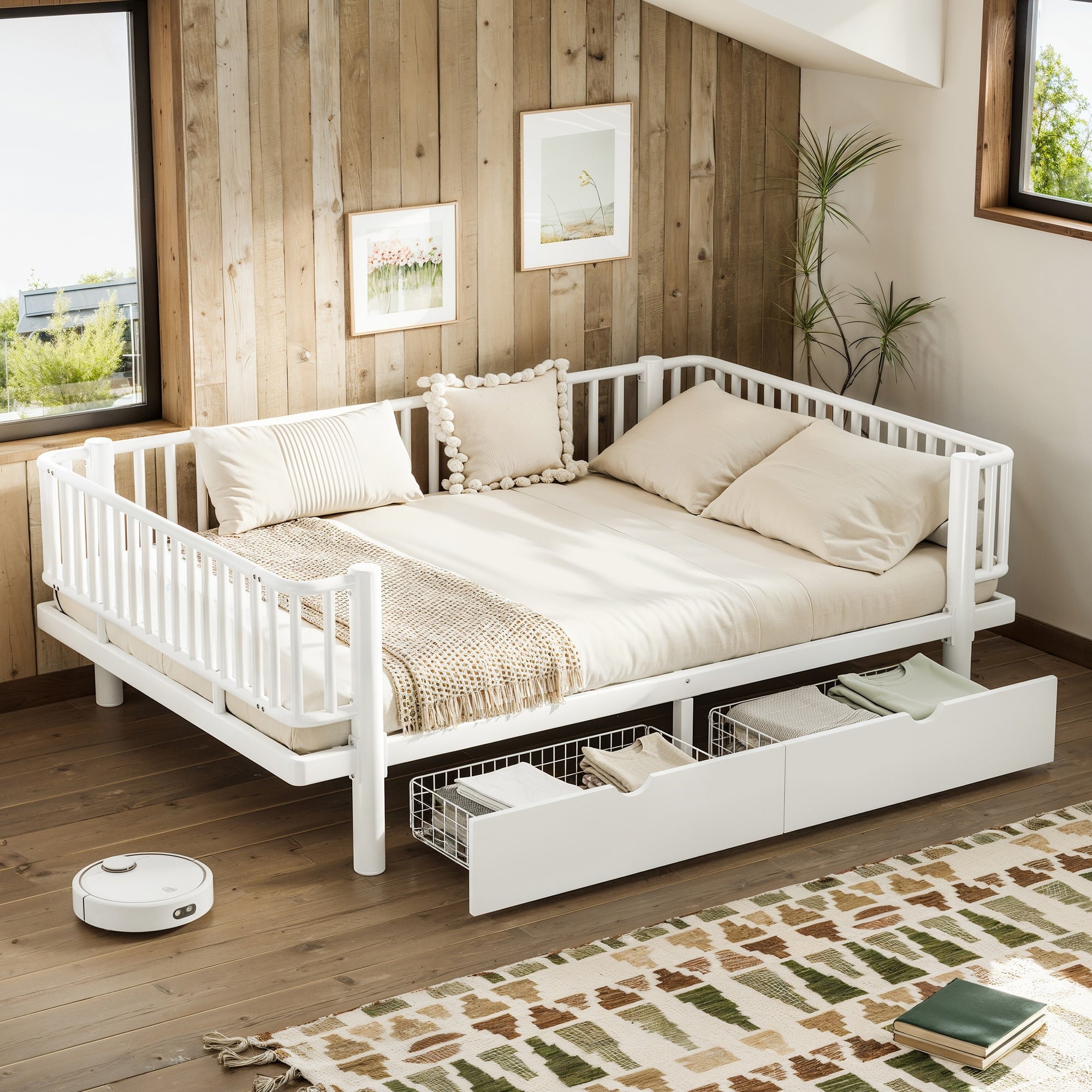 Full Size Platform Bed With Storage Drawers Metal Daybed Frame With Upgraded Safety Round Pipe Design Low Profile Design