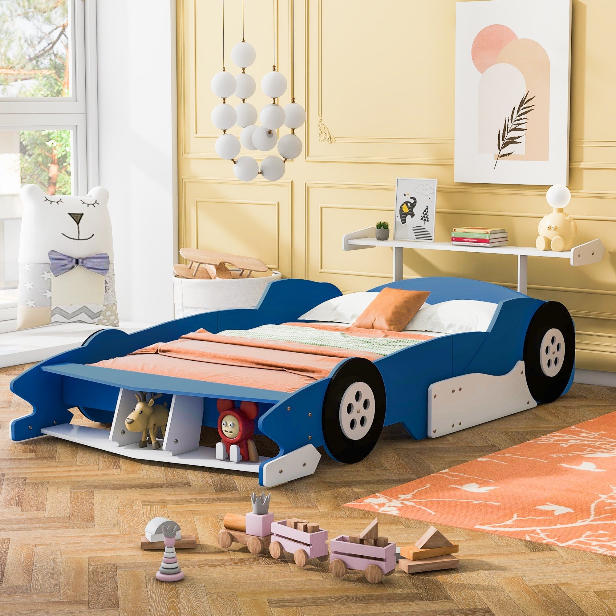Full Size Race Car Shaped Platform Bed With Wheels Blue