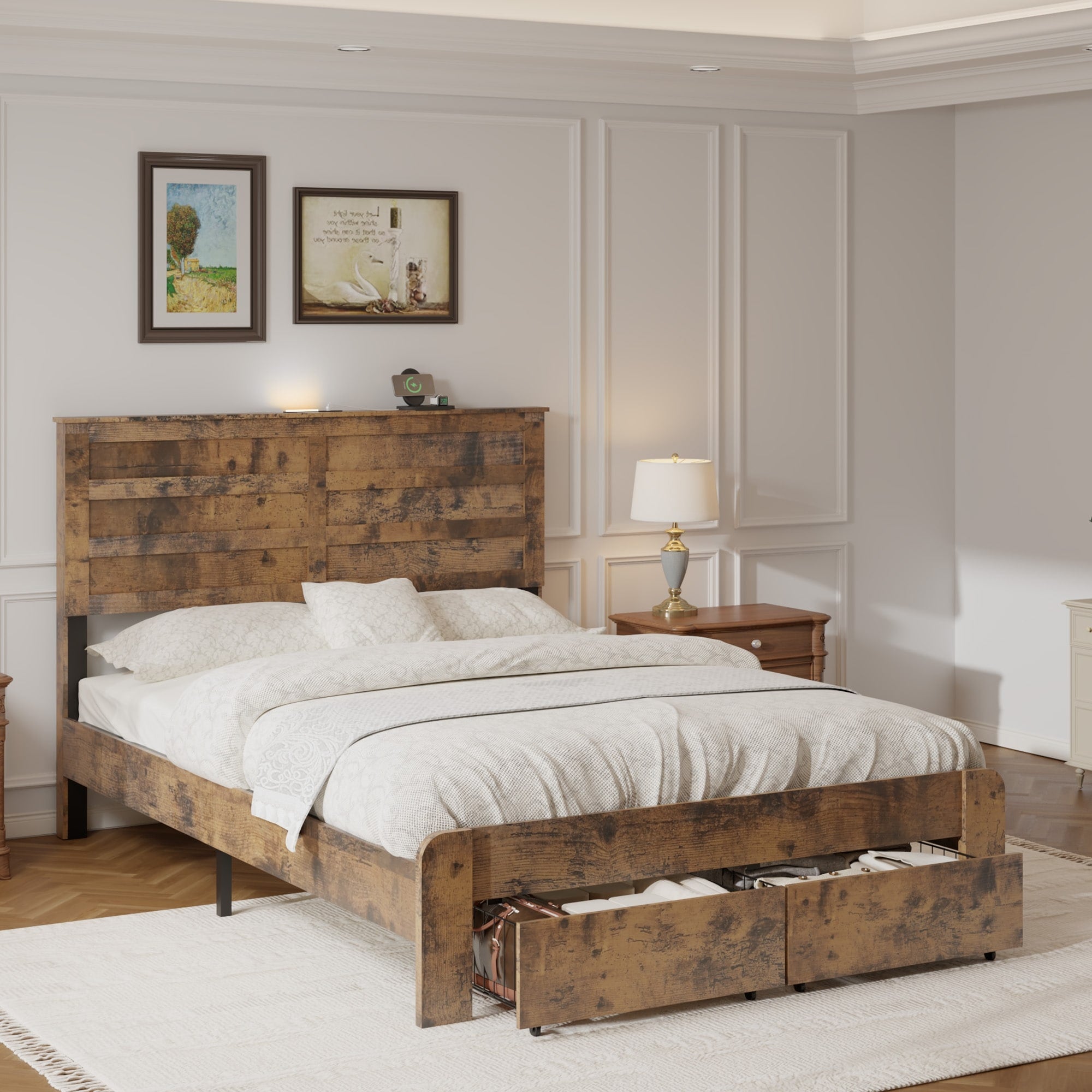 Full Size Rustic Bed Frame With Charging Station Headboard
